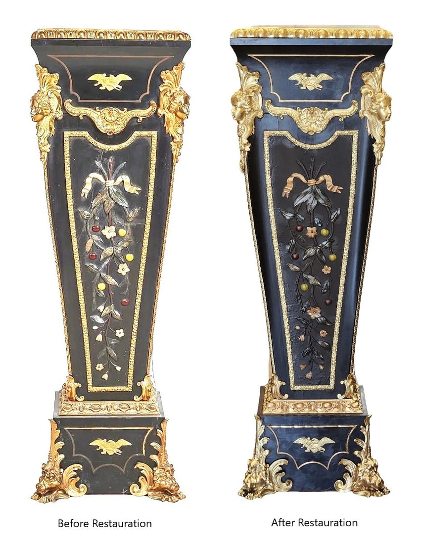 French Empire Gilt Bronze Mounted Pedestal with Marble Top and Floral Inlay, 19th Century: Elegant 19th-century French Empire pedestal, finely decorated with gilt bronze mounts and detailed floral inlay. The tapering body features a central floral garland with colorful inlaid stones framed 