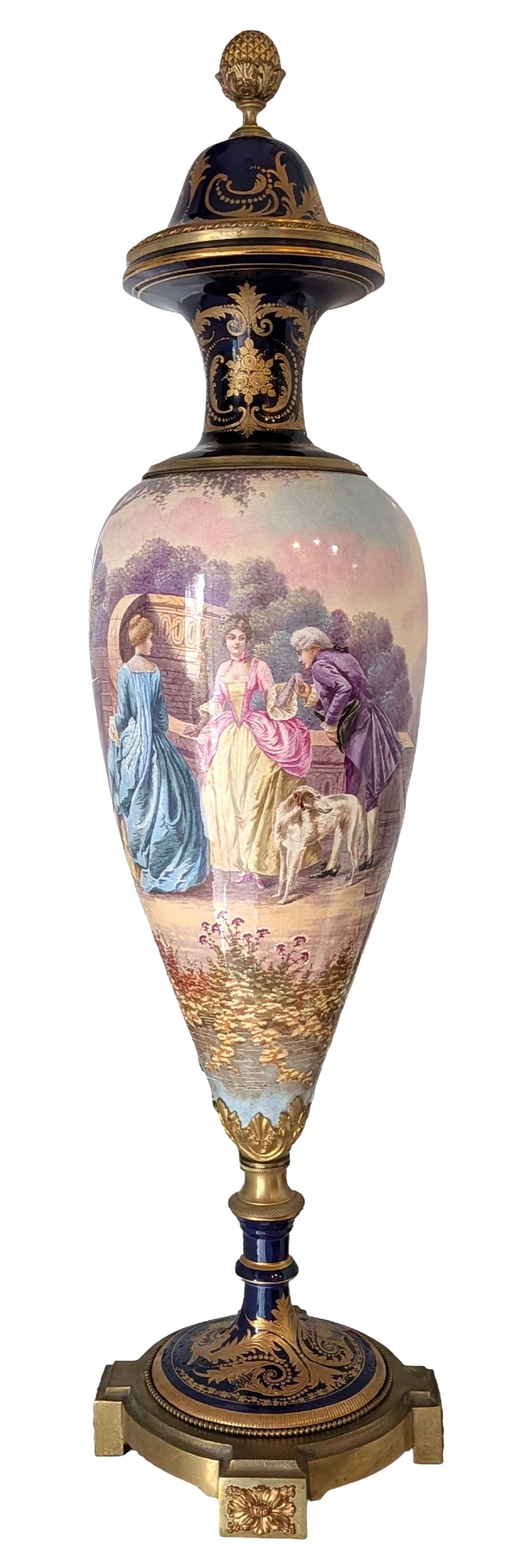 Antique 19th Century French Sevres Porcelain Lidded Vase with Gilt Bronze Mounts: Exceptional antique French Sevres porcelain vase dating to the 19th century, richly decorated with hand-painted figural scenes and elaborate gilded ornamentation. The ovoid body features a detailed co