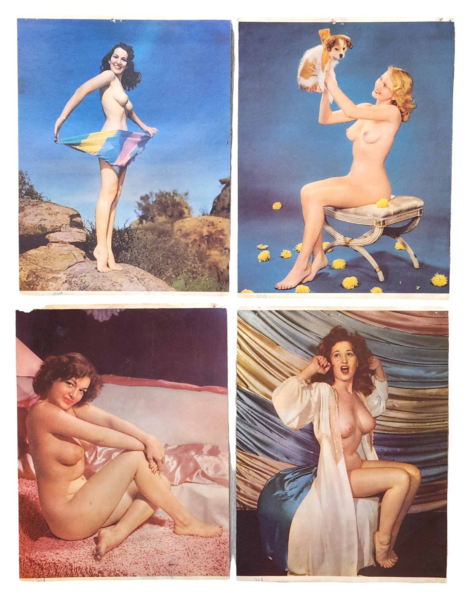 Group of Vintage Color Pin-Up Nude Photography Prints, Mid-20th Century: Group of vintage color pin-up photography prints depicting posed female nude figures in studio and outdoor settings. The images reflect classic mid-20th-century glamour and pin-up aesthetics, incorpor