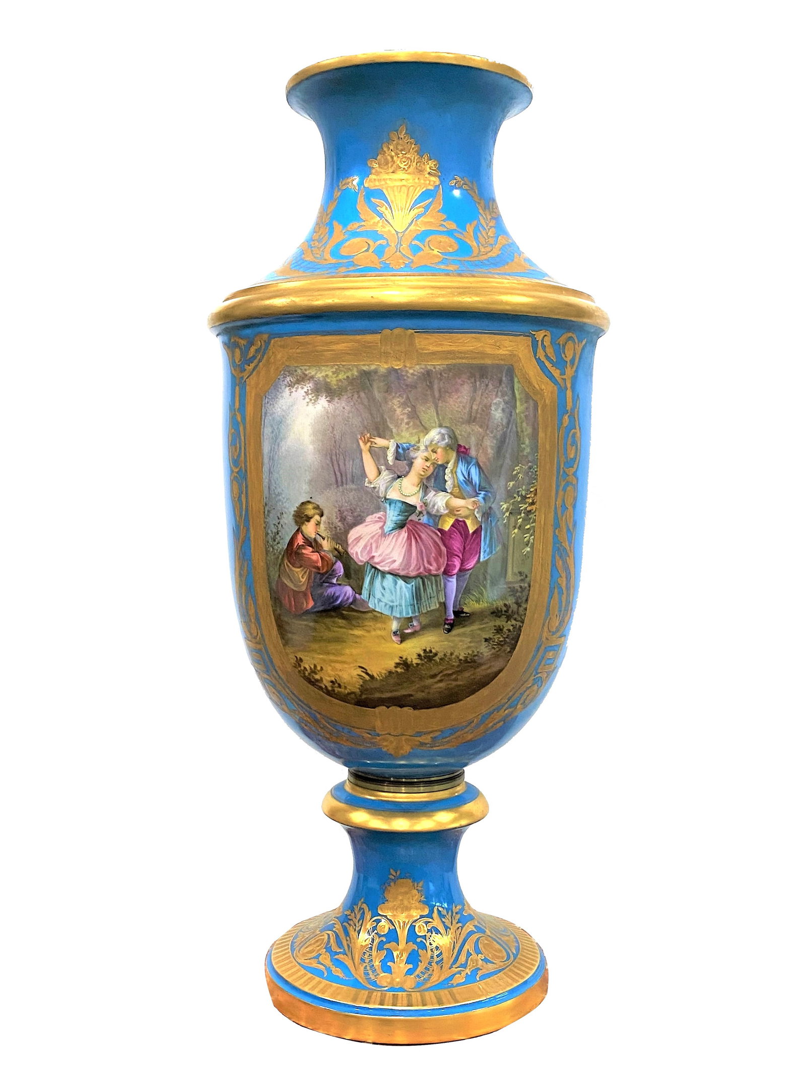 Antique 19th Century French Sevres Porcelain Vase: Antique 19th Century French Sevres Porcelain Vase The front painting depicts a romantic scene The painting on the back represents a landscape of a dense forest Measure 31 1/2"in H