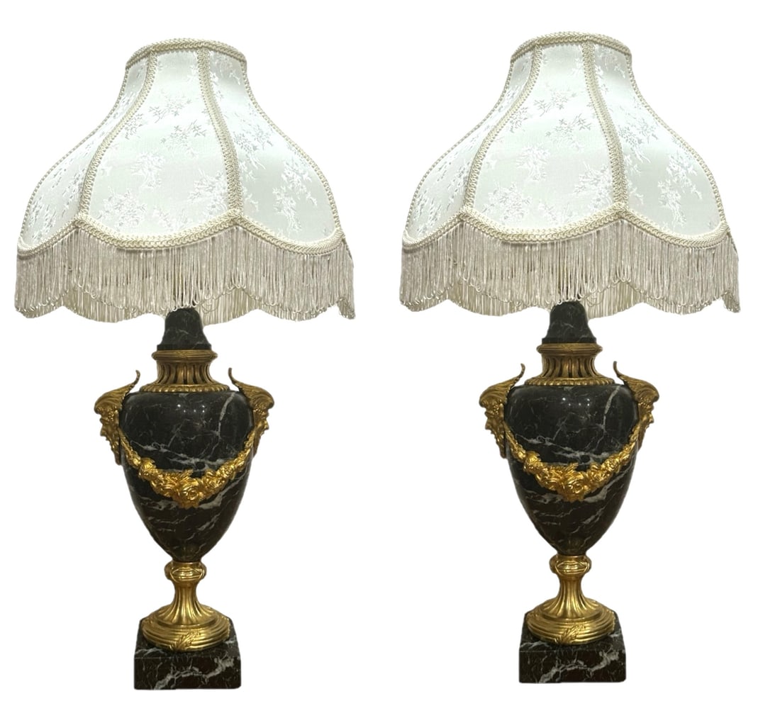 Antique Pair of 19th Century Gilt Bronze and Marble Urn Table Lamps (1 of 9)