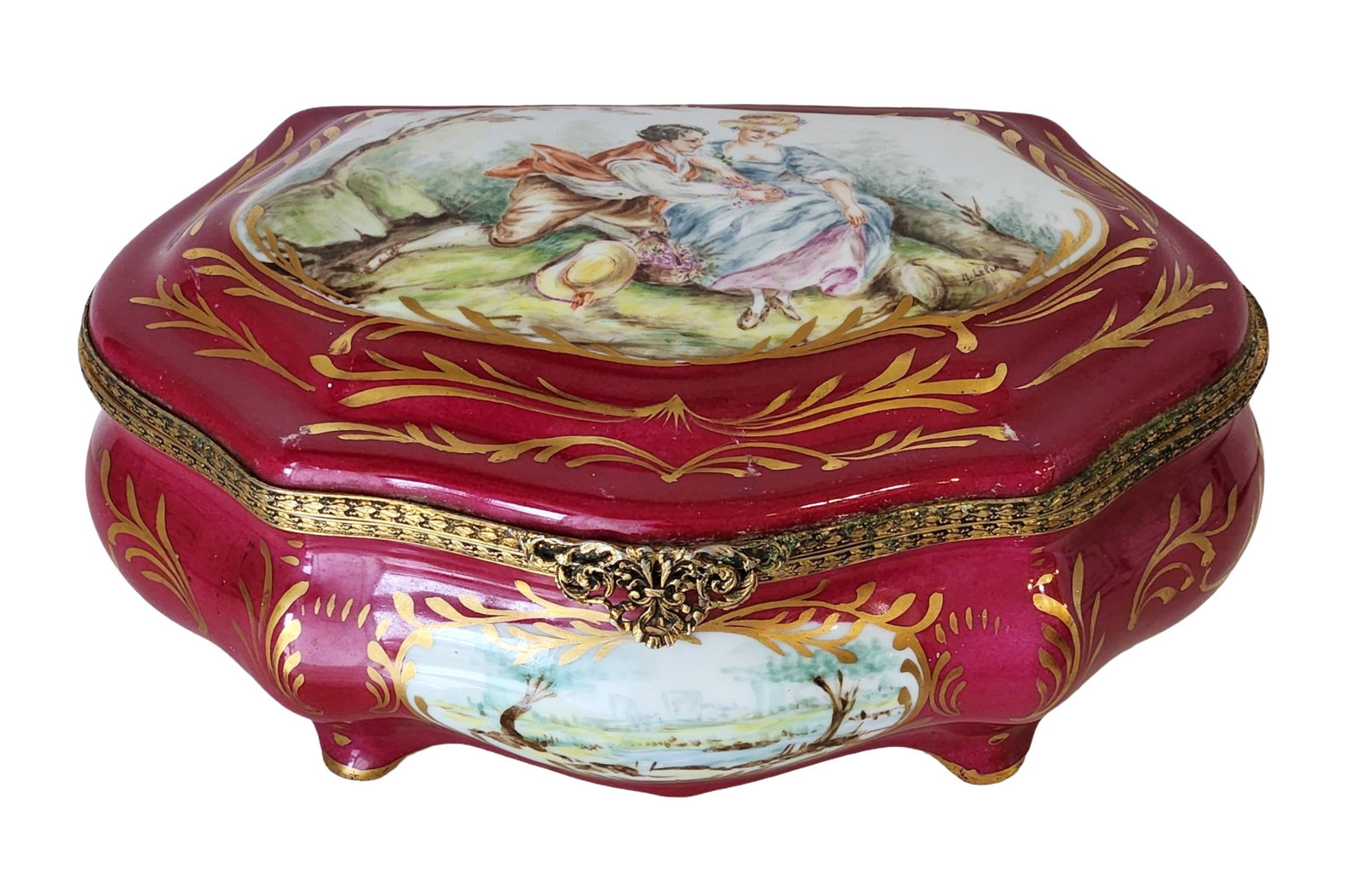 Large French Hand-Painted Porcelain Jewelry Casket with Romantic Scene (1 of 8)