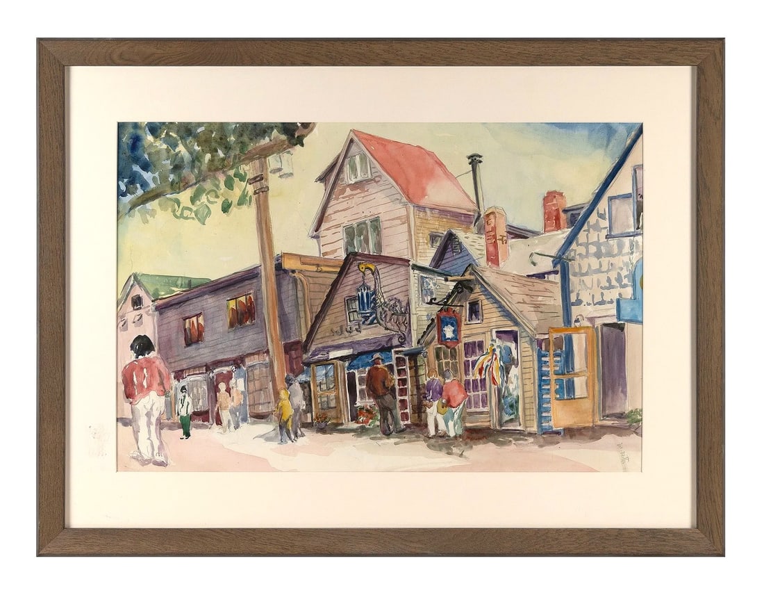 Marge Mills (1932 - 1996) American: Marge Mills (1932 - 1996) American Title: Street scene, Bearskin Neck Watercolor on Paper Measure 19"in H x 29"in W and 28"in H x 38"in W with frame