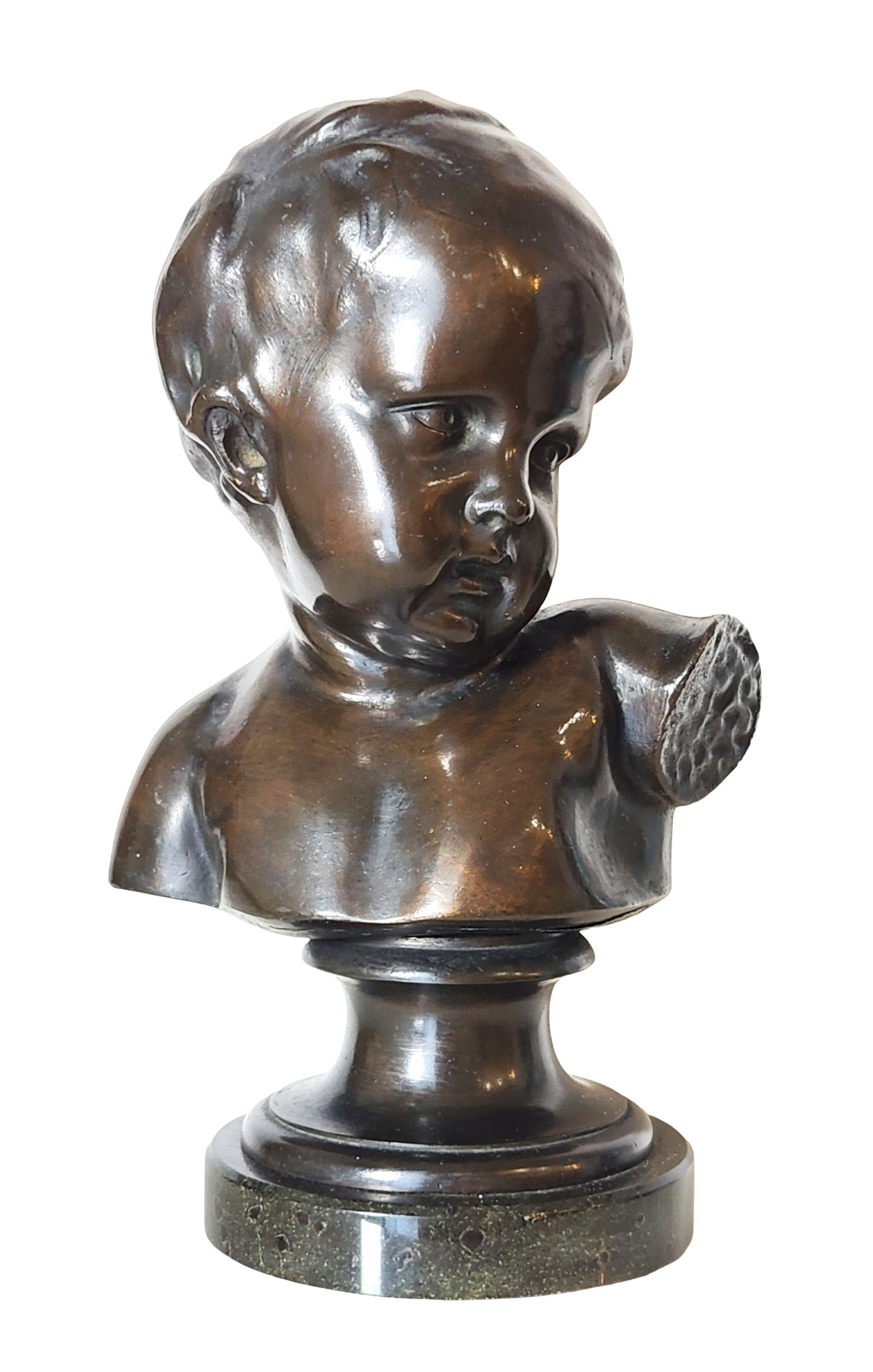 French Bronze Bust of Young Child on Marble Base: French Bronze Bust of Young Child on Marble Base Measure 10 1/4"in H x 4 1/2"in diameter
