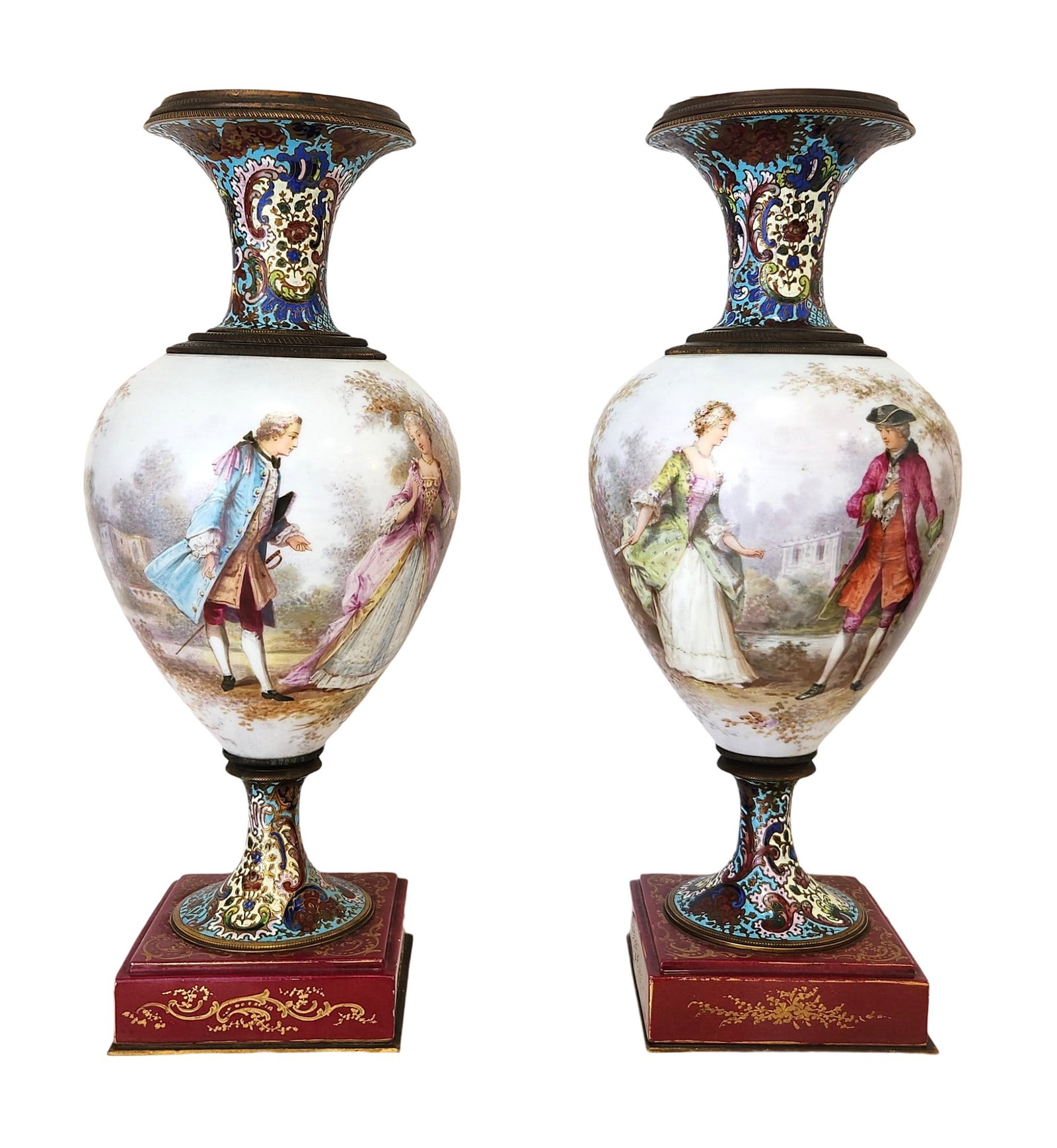 Antique Pair of French Sevres Style Porcelain and Champleve Urns: Antique Pair of French Sevres Style Porcelain and Champleve Urns Measure 18"in H