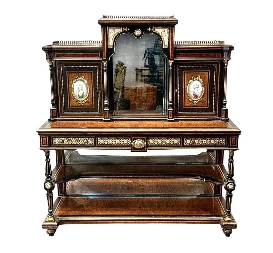 French 19th Century Bonheur Du Jour Ormolu and Sevres Style Porcelain-Mounted Amboyna and Ebony: French 19th Century Bonheur Du Jour Ormolu and Sevres Style Porcelain-Mounted Amboyna and Ebony An antique 19th century French Napoleon III Bonheur du jour, or type of lady?s writing desk. It is ornat