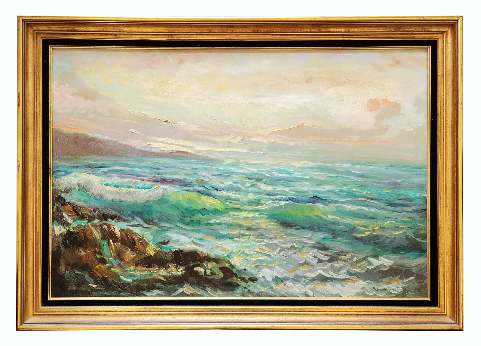 Alexander A. Dzigurski (1911 - 1995) American: Alexander A. Dzigurski (1911 - 1995) American Oil on Canvas Measure 24"in H x 36 1/4"in W and 29"in H x 41"in W framed Known for: Seascape, some landscape, portrait painting Name variants: Alexander D