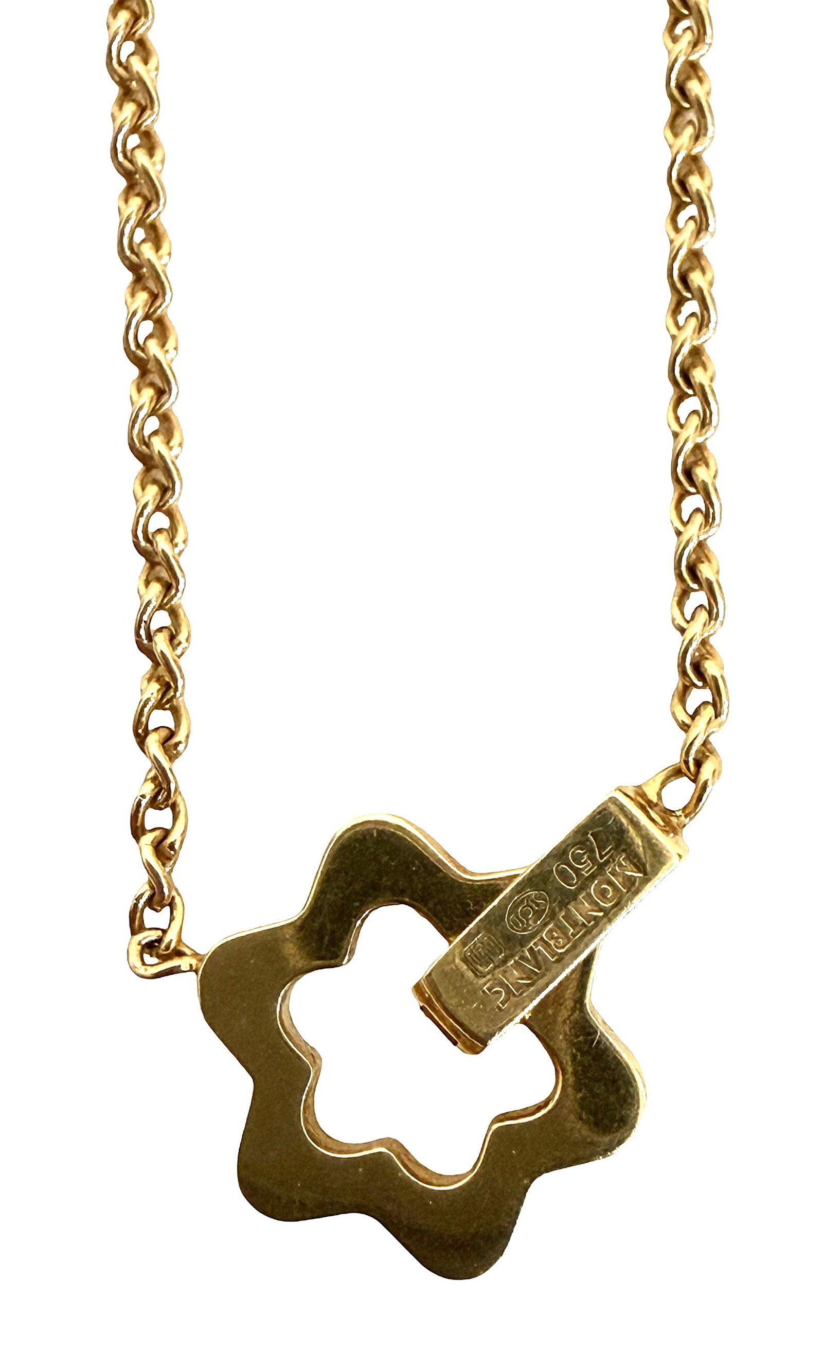 Montblanc 18K Gold Quatrefoil Pendant Necklace, Model FJ1031766: Elegant Montblanc pendant necklace crafted in 18K yellow gold, featuring a stylized openwork quatrefoil (four-lobed) motif. The pendant is suspended from a fine gold chain and incorporates a sleek, in