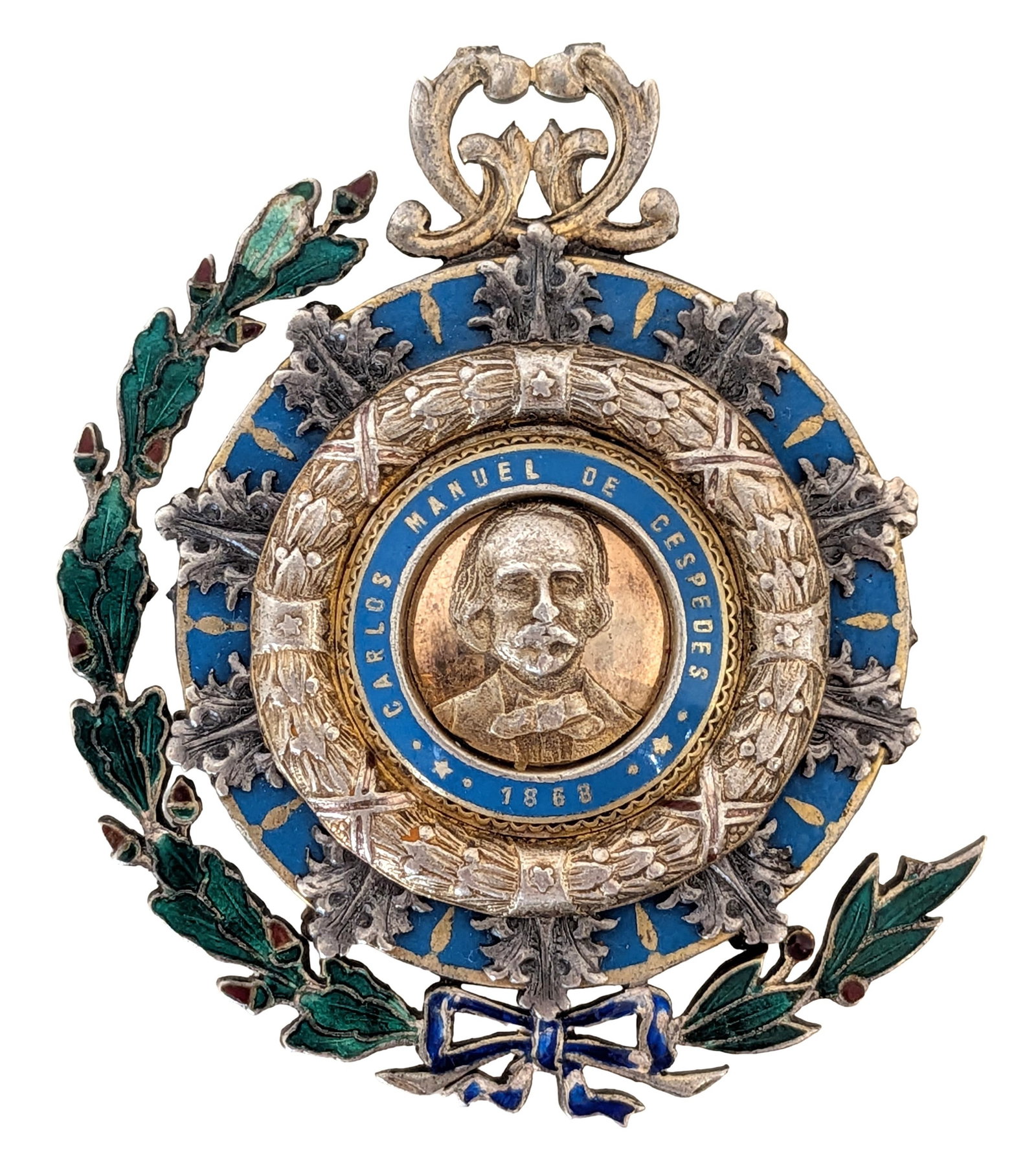 Carlos Manuel de Cespedes 1868 Cuban Commemorative Enameled Medal: Historic Cuban commemorative medal honoring Carlos Manuel de Cespedes, leader of the Cuban independence movement and known as the ?Father of the Homeland.? This finely detailed medal features a centra