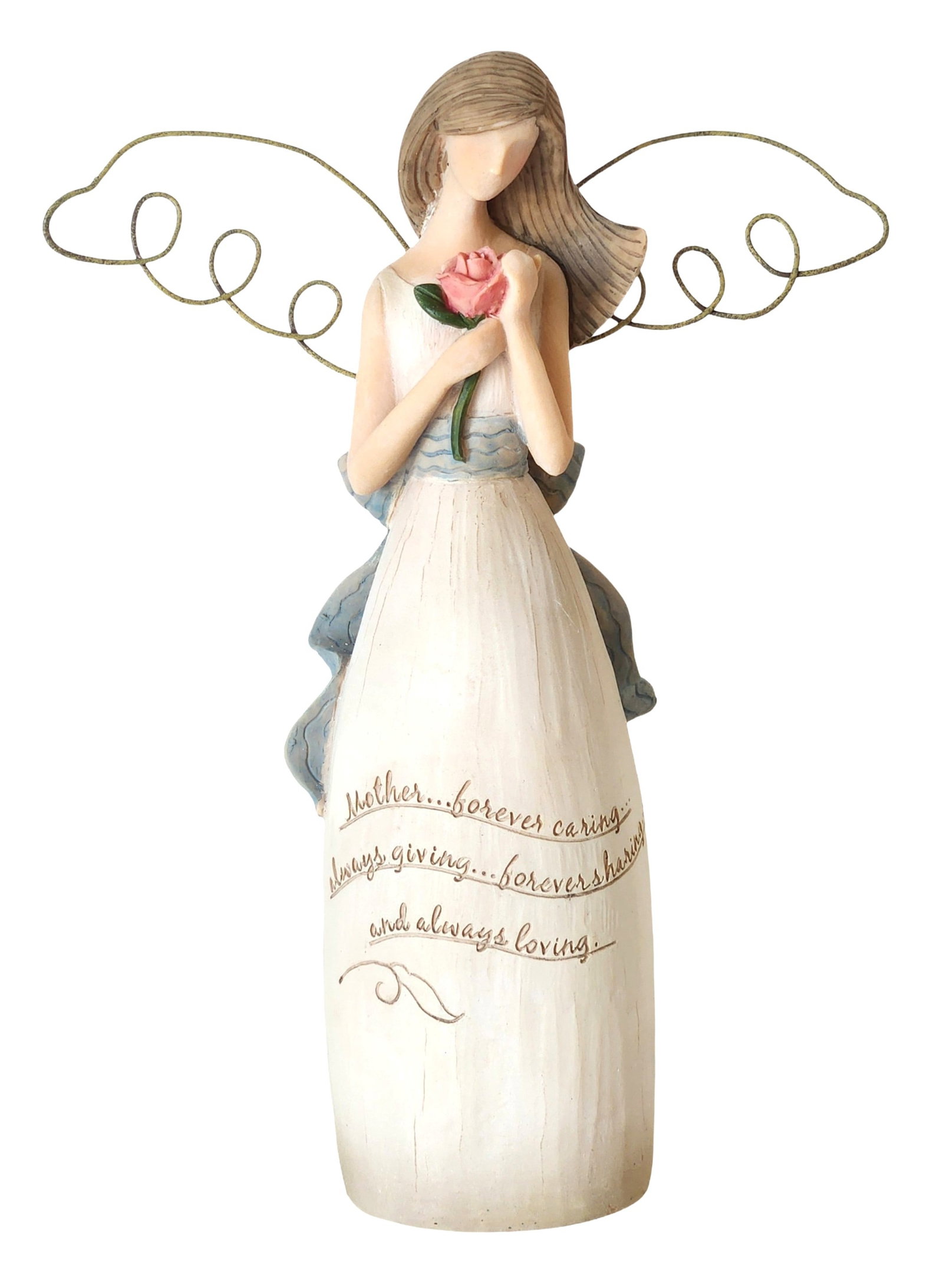 Seagull Studios "HeartWarmers Angels" Figure, 2006: A decorative figural sculpture from the HeartWarmers Angels series by Seagull Studios, dated 2006. The figure depicts a serene, stylized angel holding a pink rose, with wirework wings and a flowing go