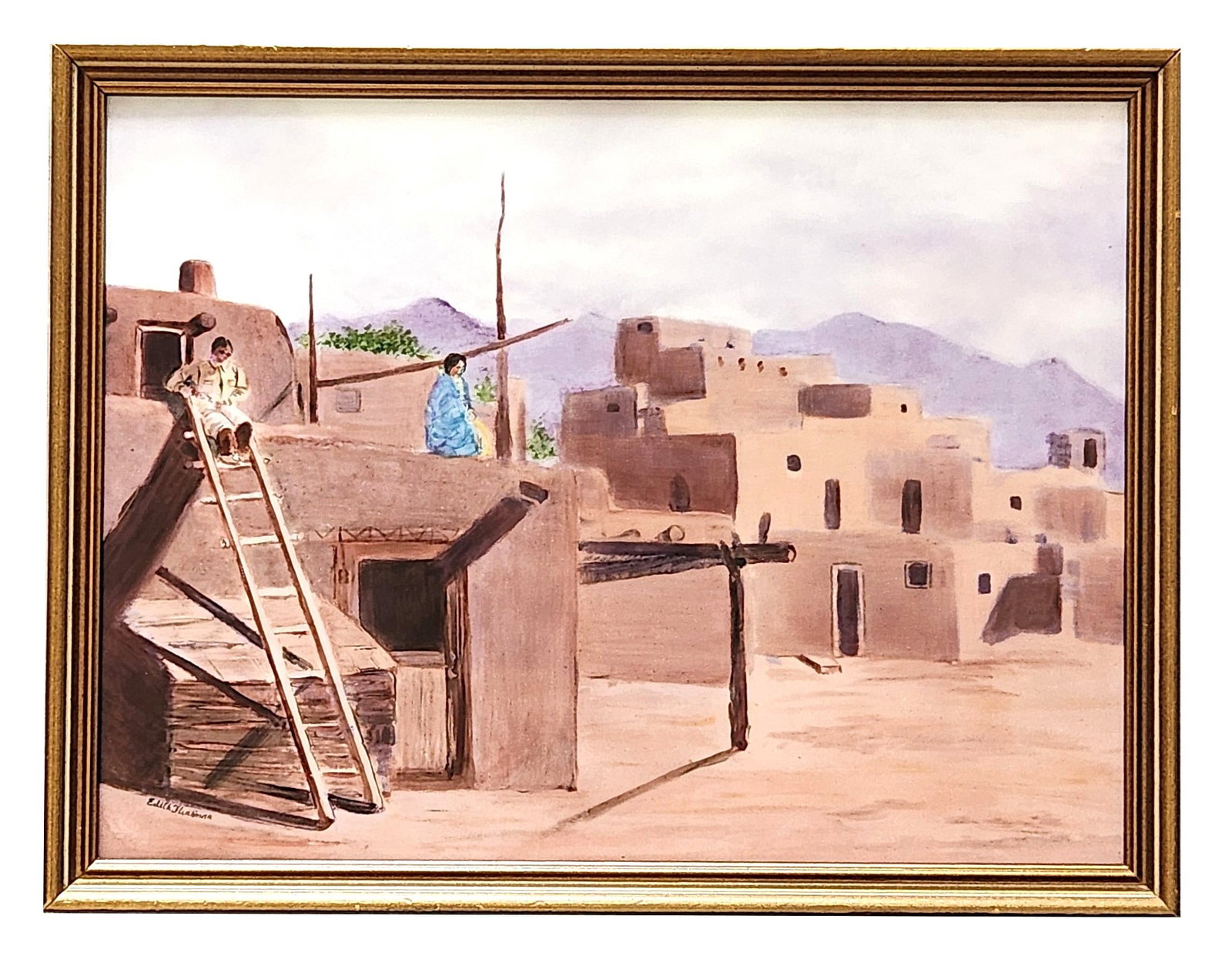 Edith Flinkman Hand-Painted Porcelain Plaque, Southwestern Adobe Scene, Framed: Hand-painted porcelain plaque by listed artist Edith Flinkman, depicting a tranquil Southwestern adobe village scene. The composition features traditional earthen architecture, figures in period attir