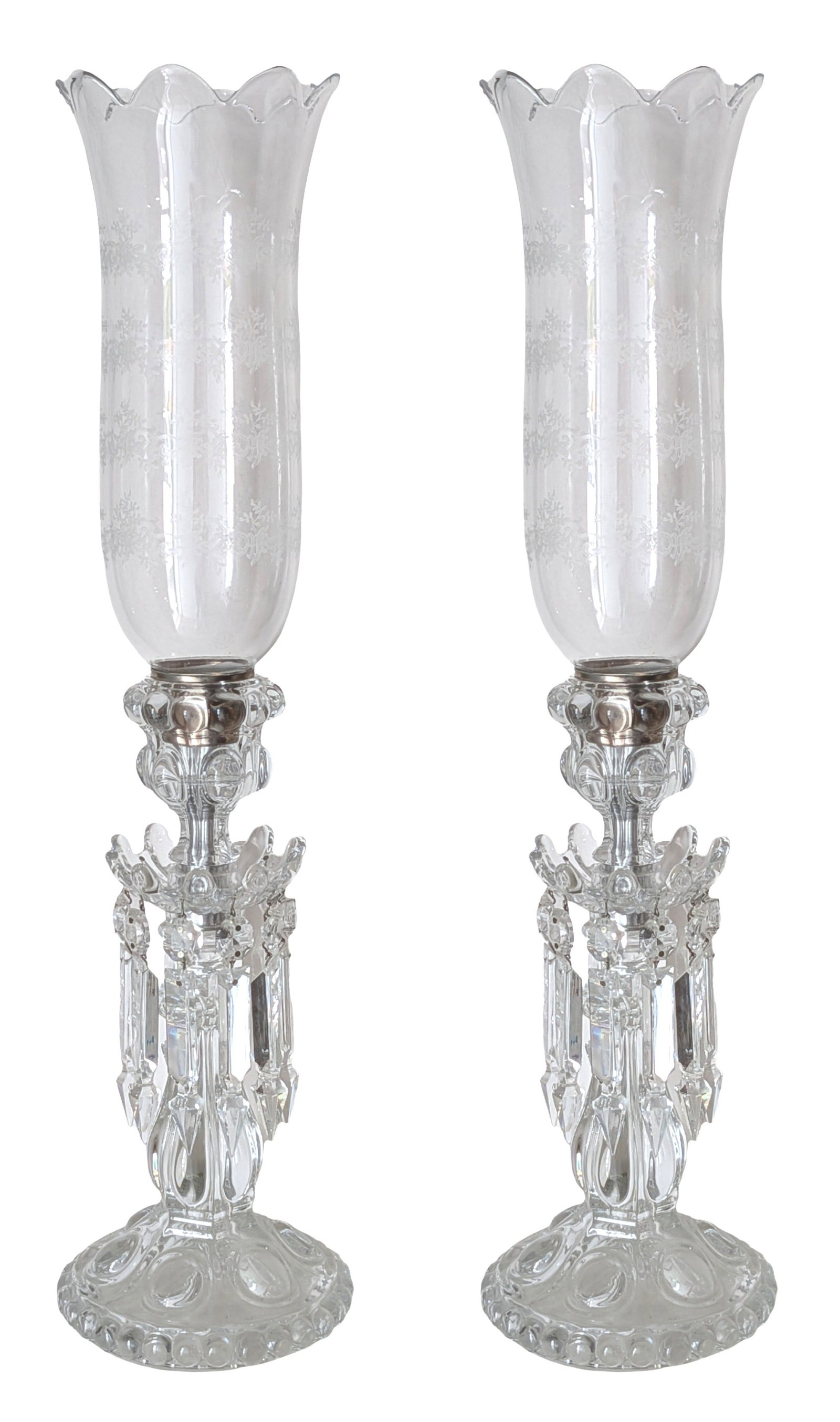 Pair of Baccarat Cut Crystal Lustre Mantel Lamps with Etched Glass Shades (1 of 6)