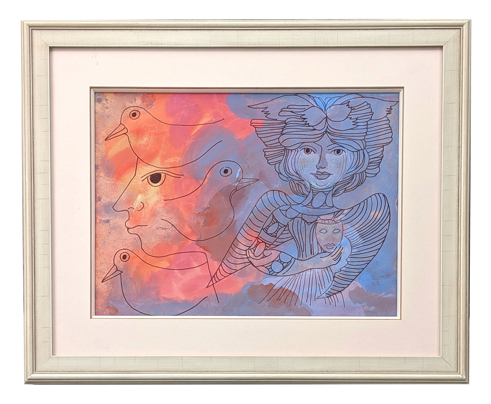 Certified Rene Portocarrero (1912 - 1985) Cuban: Certified Rene Portocarrero (1912 - 1985) Cuban Gouache on Paper Measure 13 3/4"in H x 18 1/4"in W and 22 1/2"in H x 27"in W x 1 1/2"in D with frame Known for: Figure painting, set design, book illust