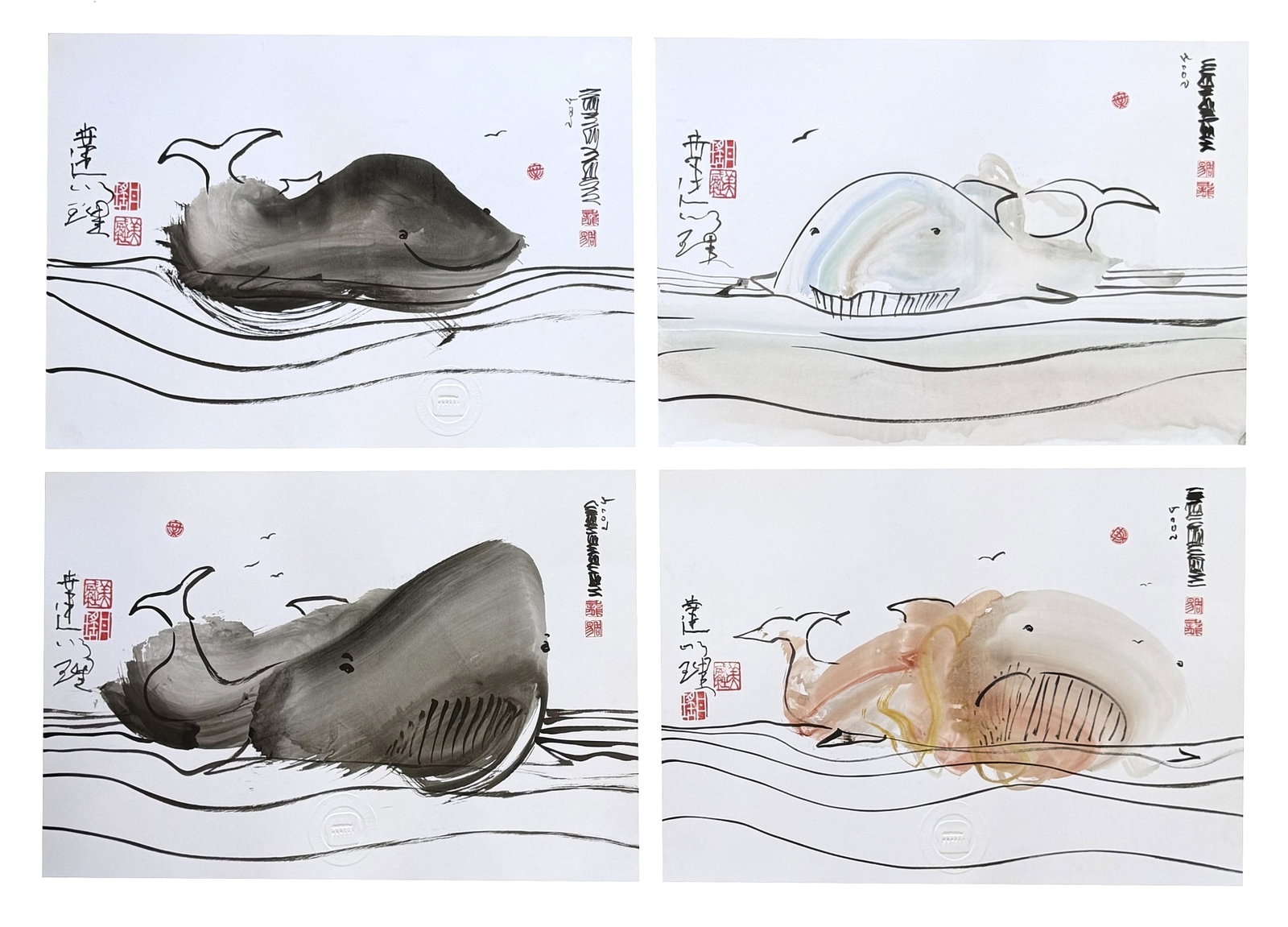 Contemporary Ink & Wash Whale Prints, Signed & Dated 2007 - Set of 4 (1 of 6)