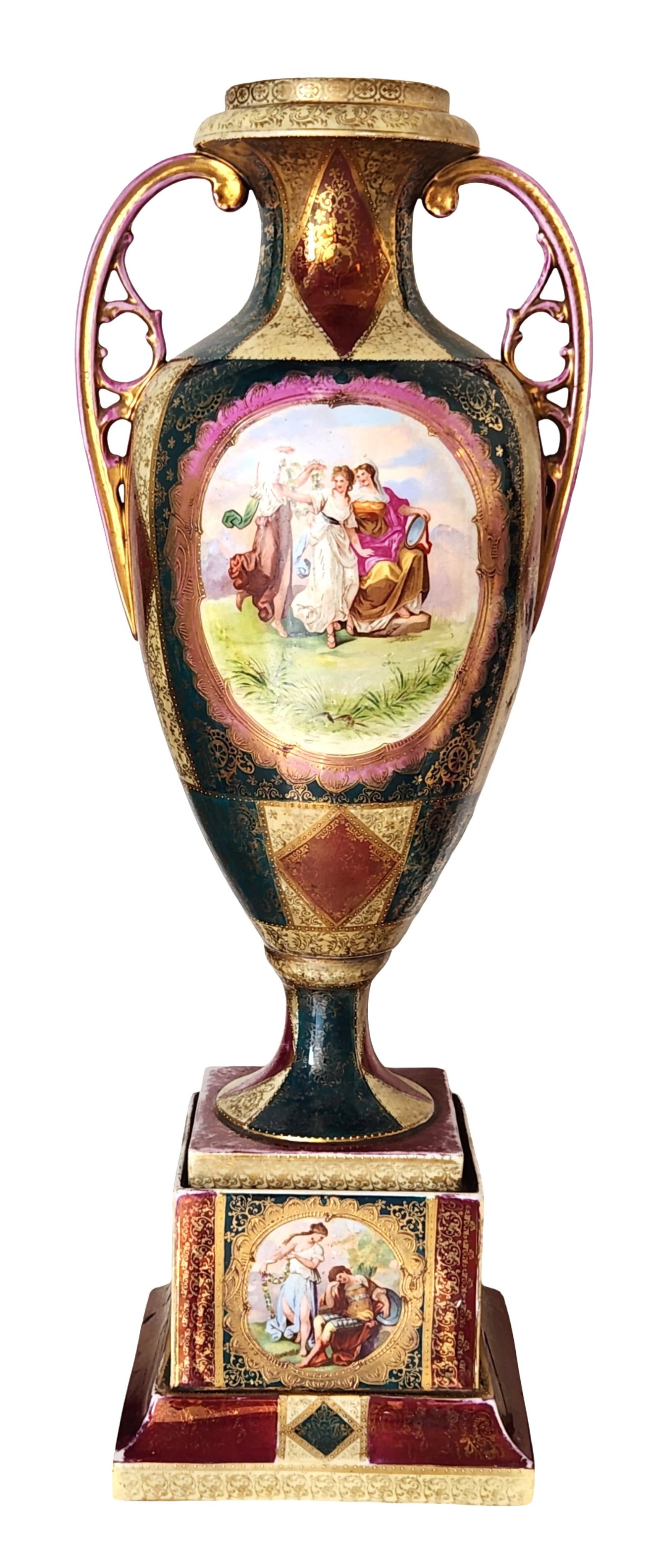 Large Royal Vienna Style Porcelain Pedestal Vase Signed Kaufmann, Possible 19th Century: Impressive and richly decorated Royal Vienna-style porcelain pedestal vase, featuring finely hand-painted classical scenes attributed to Angelica Kauffmann. The central panel depicts elegant neoclassi