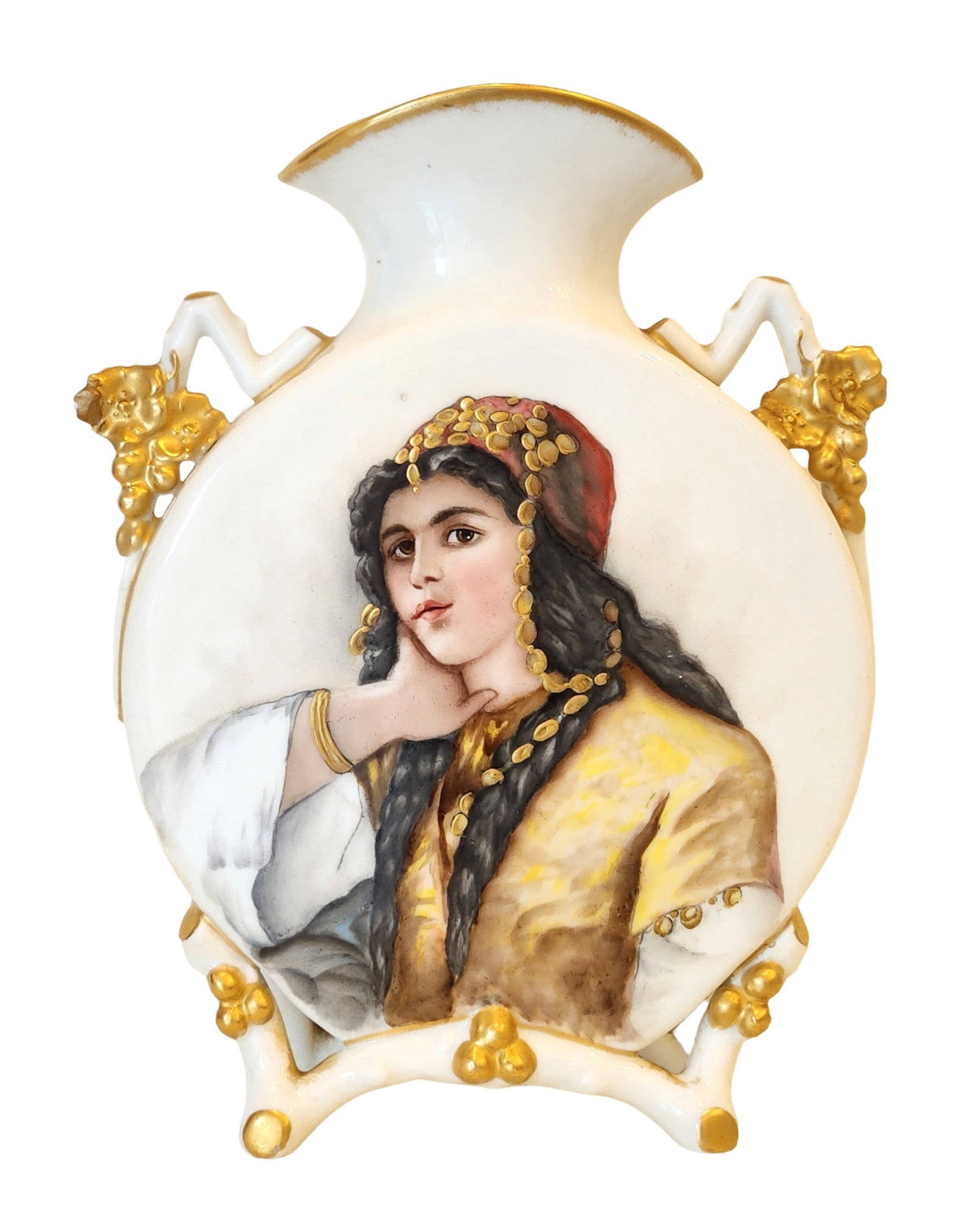 Hand-Painted French Porcelain Portrait Vase Signed E.M. Ryder, 1893: Exceptional hand-painted French porcelain vase signed E.M. Ryder and dated 1893, depicting a finely detailed portrait of an Orientalist maiden on one side and a heron in a natural setting on the rever