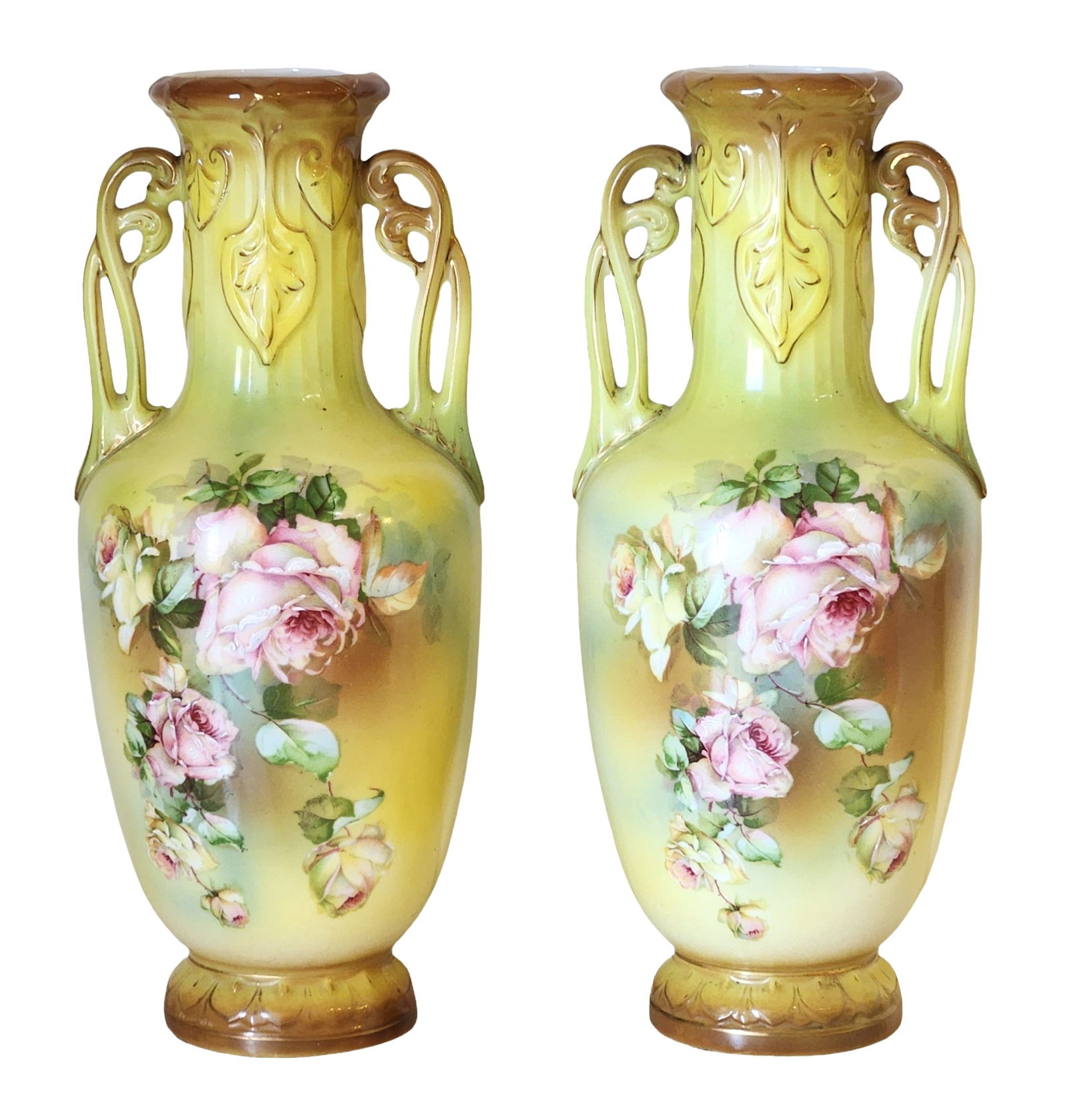Pair of Royal Wettina Austria Art Nouveau Hand-Painted Rose Porcelain Vases: Beautiful matched pair of Royal Wettina Austria porcelain vases, dating from the late 19th to early 20th century. Each vase features a luminous yellow-to-green gradient ground with richly hand-painted