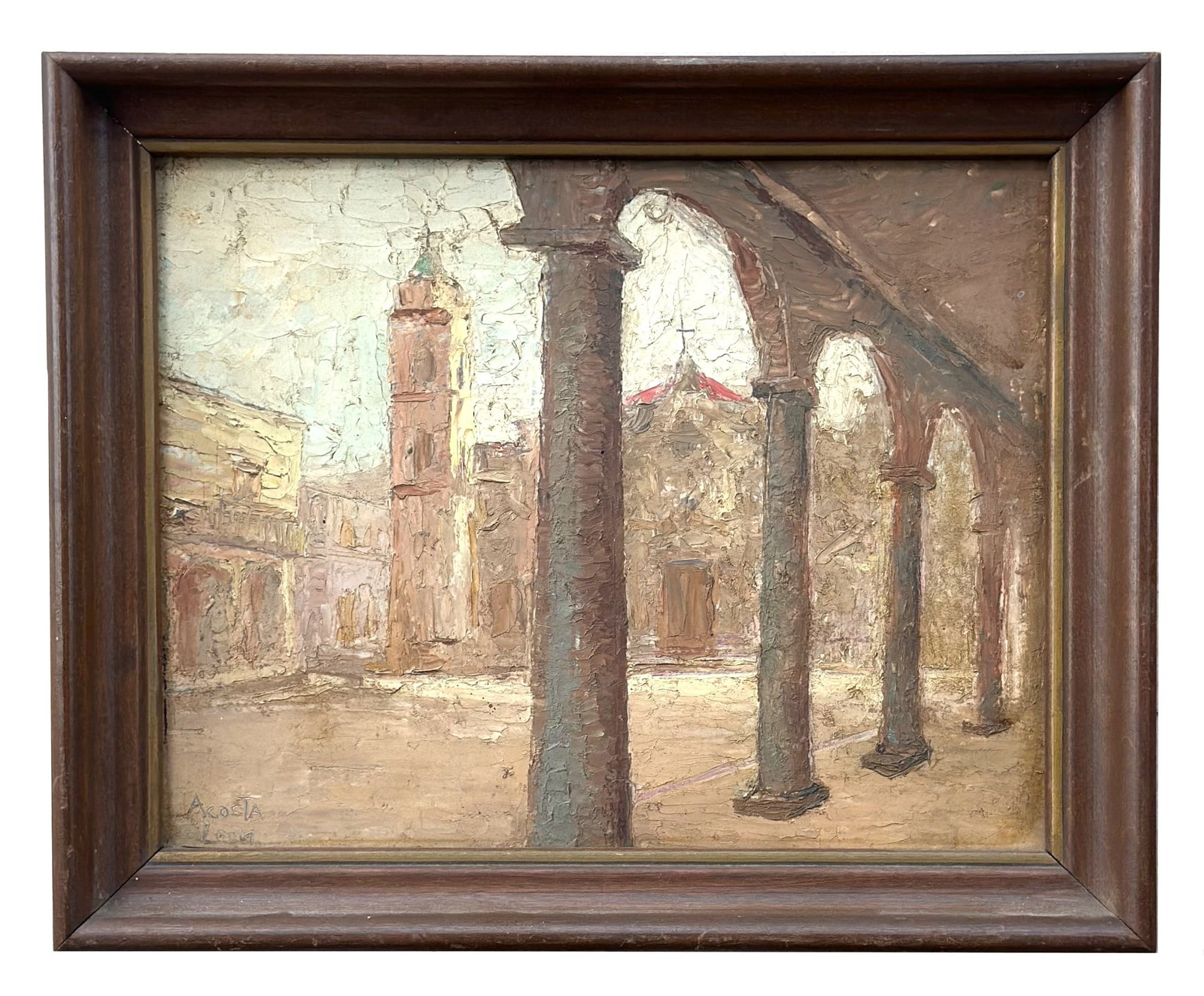 Angel Acosta Leon (1932 - 1964) Cuba: Angel Acosta Leon (1932 - 1964) Cuba Title: Camino Real Oil on Masonite Measure 5 1/4"in H x 7"in W and 8 3/4"in H x 10 1/2"in W with frame Known for: Abstraction figurative, landscape painting Biogra
