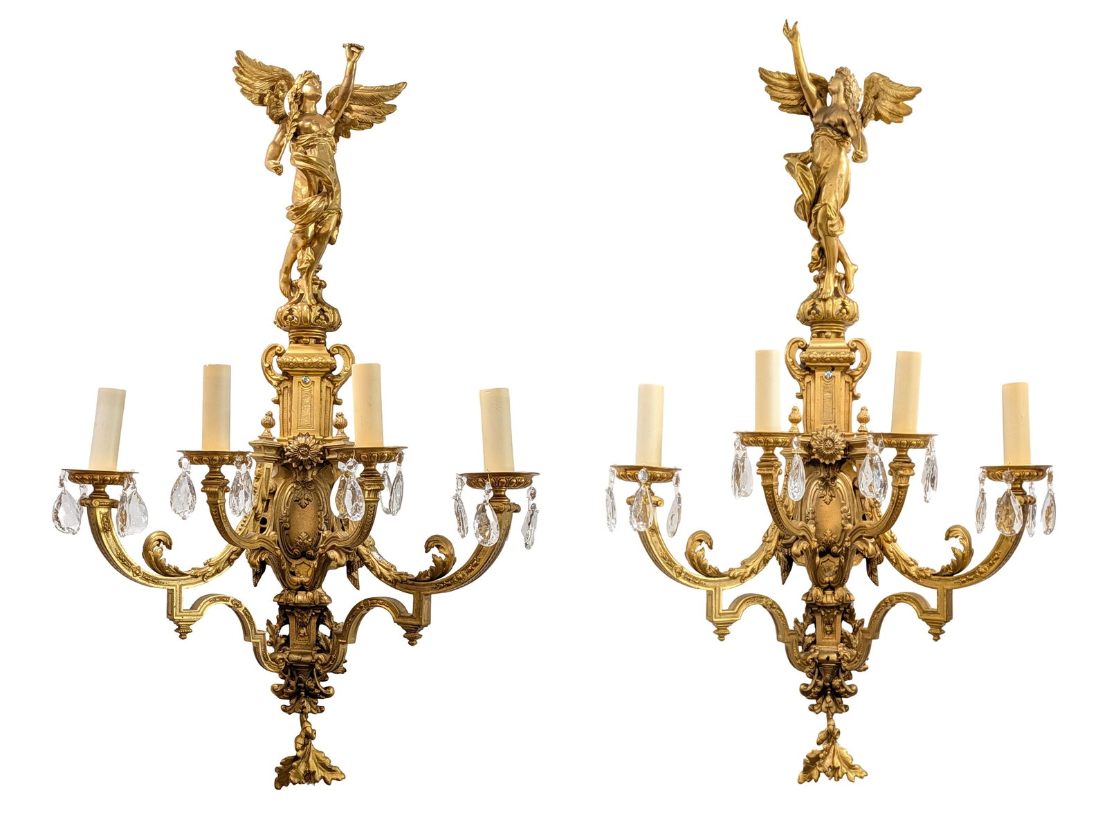Pair of French Gilt Bronze Figural Wall Sconces, 4 Lights Each, 19th Century (1 of 6)