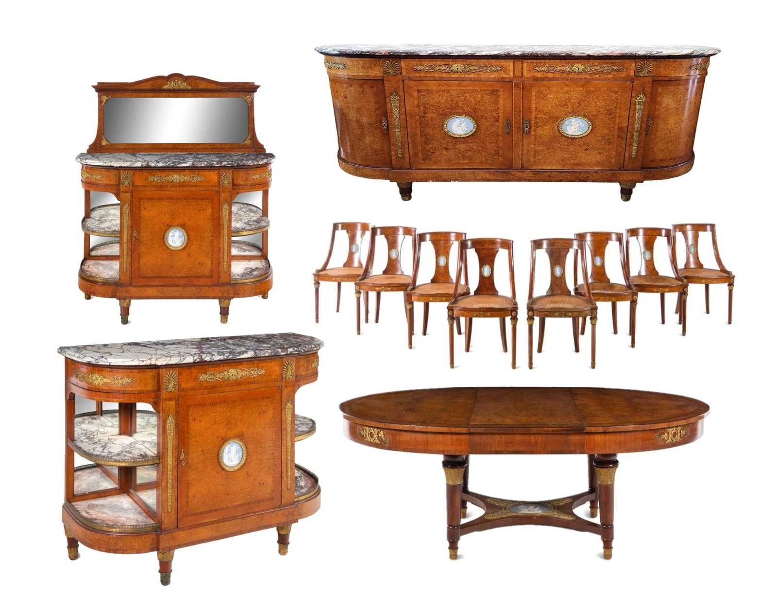 A French Gilt Bronze and Jasperware Mounted Burlwood Dining Suite: A French Gilt Bronze and Jasperware Mounted Burlwood Dining Suite Circa 1900 Comprising a marble-top serving cabinet, a marble-top sideboard with mirror, a dining table and eight dining chairs; the ta