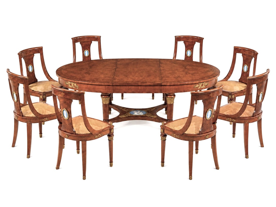 A French Gilt Bronze and Jasperware Mounted Burlwood Dining Suite - 2