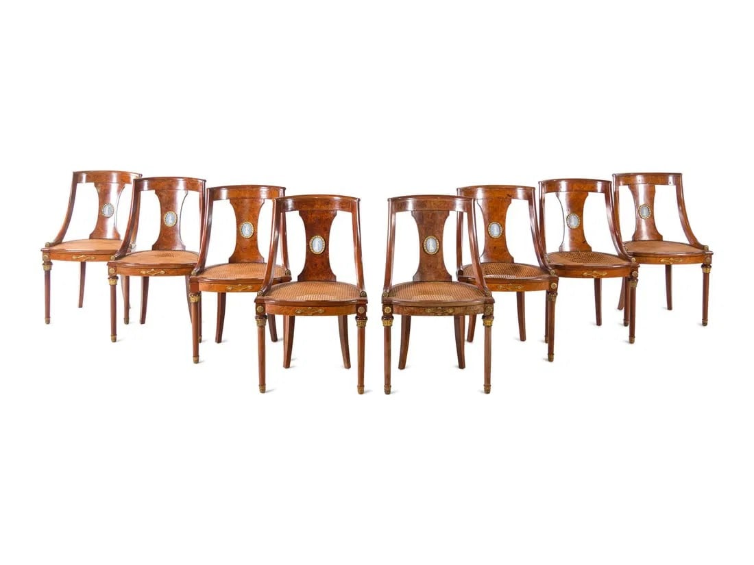 A French Gilt Bronze and Jasperware Mounted Burlwood Dining Suite - 6
