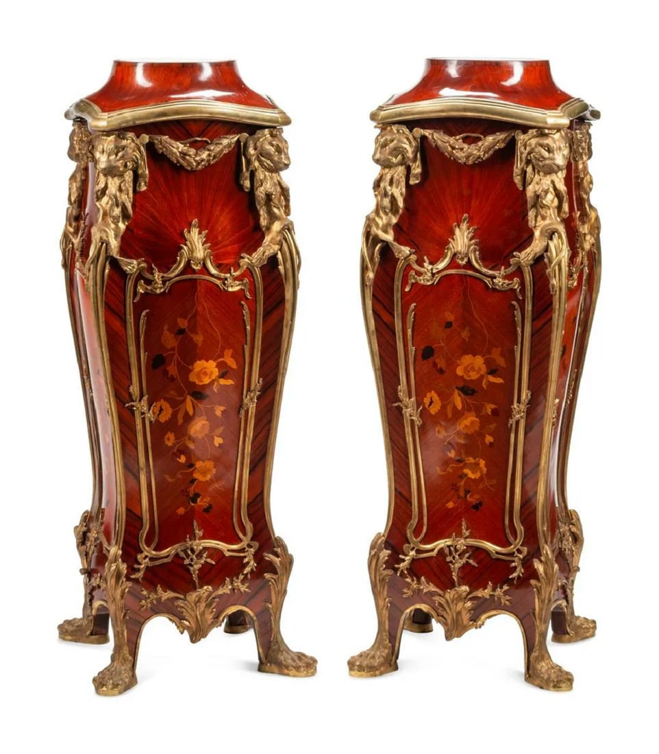 Pair of Louis XV Style Gilt Bronze Mounted Marquetry Pedestal: Pair of Louis XV Style Gilt Bronze Mounted Marquetry Pedestal After the Model by Joseph-Emmanuel Zwiener Each circular top inset with marble Height 50 1/2 x width 17 x depth 17 inches.