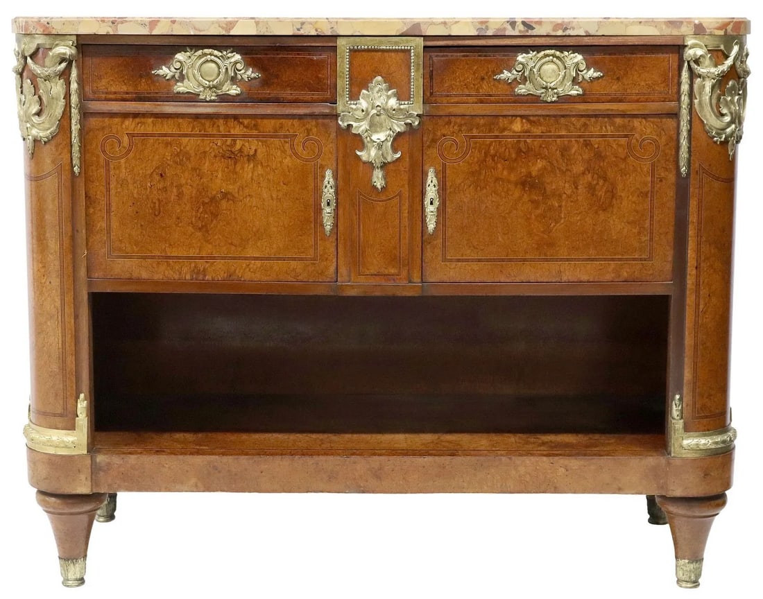 French 19th Century Empire Neoclassical Style Burl Walnut and Ormolu Server: French 19th Century Empire Neoclassical Style Burl Walnut and Ormolu Server Measure 41 3/4"in H x 52 1/4"in W x 20 3/4"in D