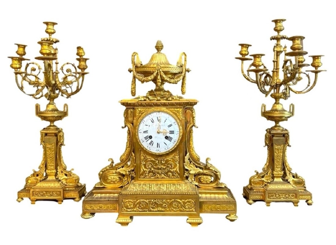 French 19th Century Ormulu Garniture Mantel Clock Set (1 of 17)
