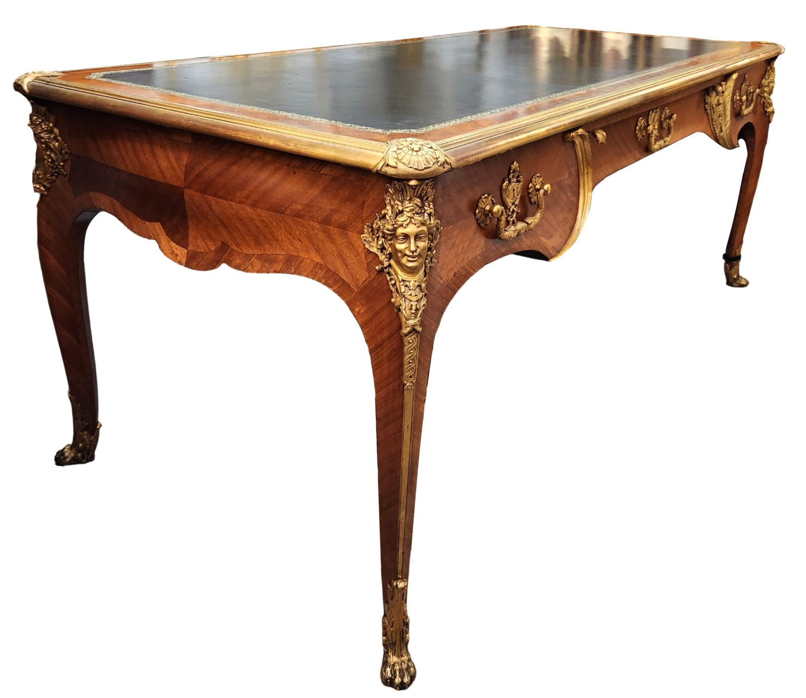 Attributed Paul Sormani & Fils Antique Louis XV Style French Empire Bronze Mounted Leather Top Desk: Attributed Paul Sormani & Fils Antique Louis XV Style French Empire Bronze Mounted Leather Top Desk Antique 19th Century Louis XV Style French Empire Bronze Mounted Green Leather Top Desk Details in b