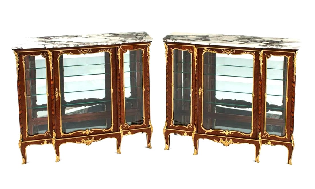 Pair of Louis XV Style Gilt Bronze Mounted Kingwood and Rosewood Marble-Top Vitrine Cabinets: Pair of Louis XV Style Gilt Bronze Mounted Kingwood and Rosewood Marble-Top Vitrine Cabinets Each interior with two adjustable glass shelves; with two keys Measure 43"in H x 50 1/2"in W x 19"in D
