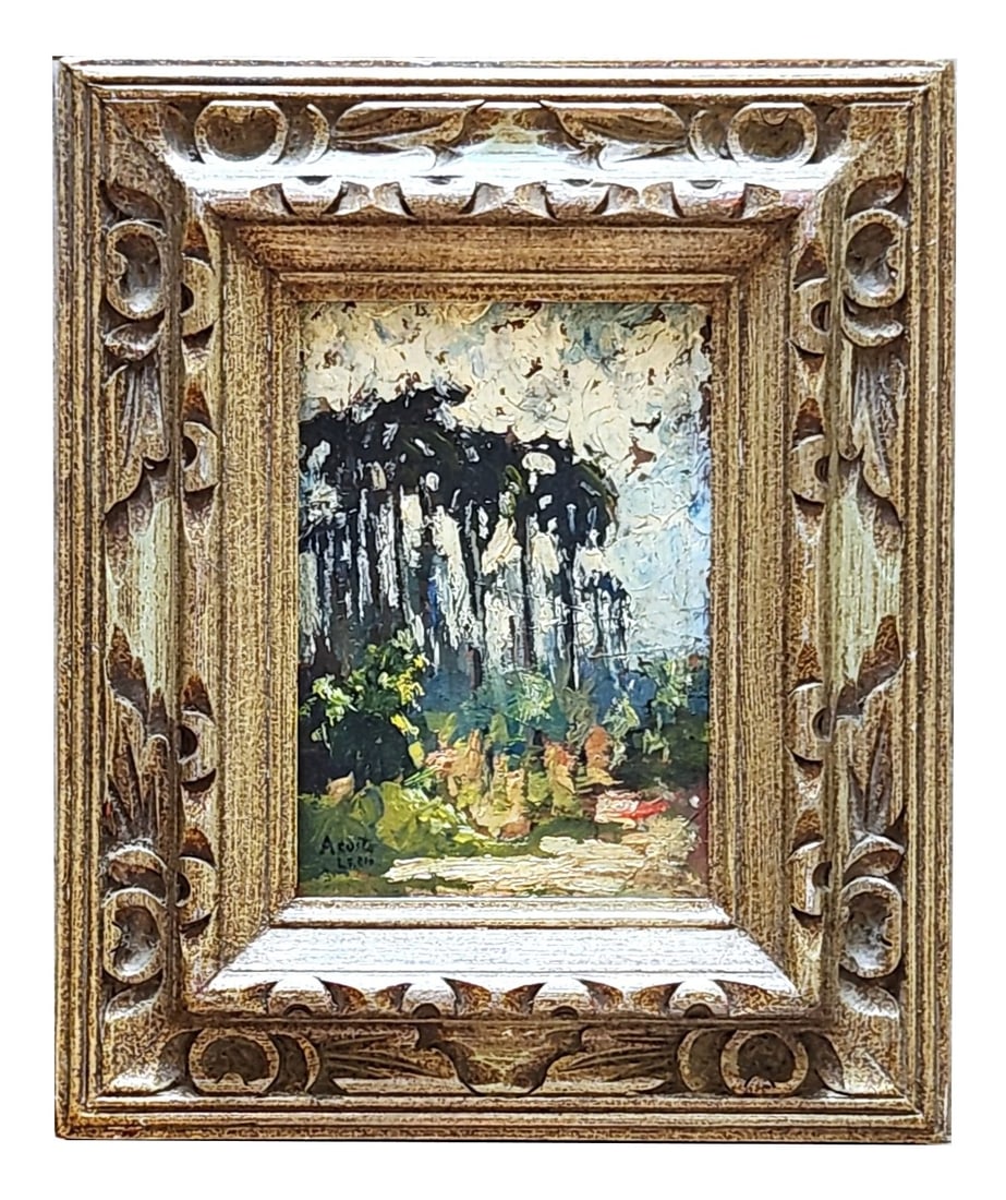 Angel Acosta Leon (1932 - 1964) Cuba: Angel Acosta Leon (1932 - 1964) Cuba Title: Nubes y Palmas Oil on Mazonite Measure 7 1/4"in H x 5"in W and 11 3/4"in H x 9 3/4"in W framed Known for: Abstraction figurative, landscape painting Biograp