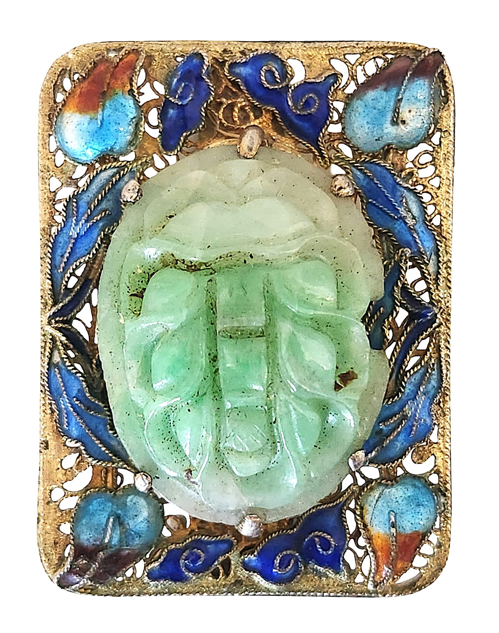 Chinese Silver Filigree Enamel and Carved Stone Brooch (1 of 3)
