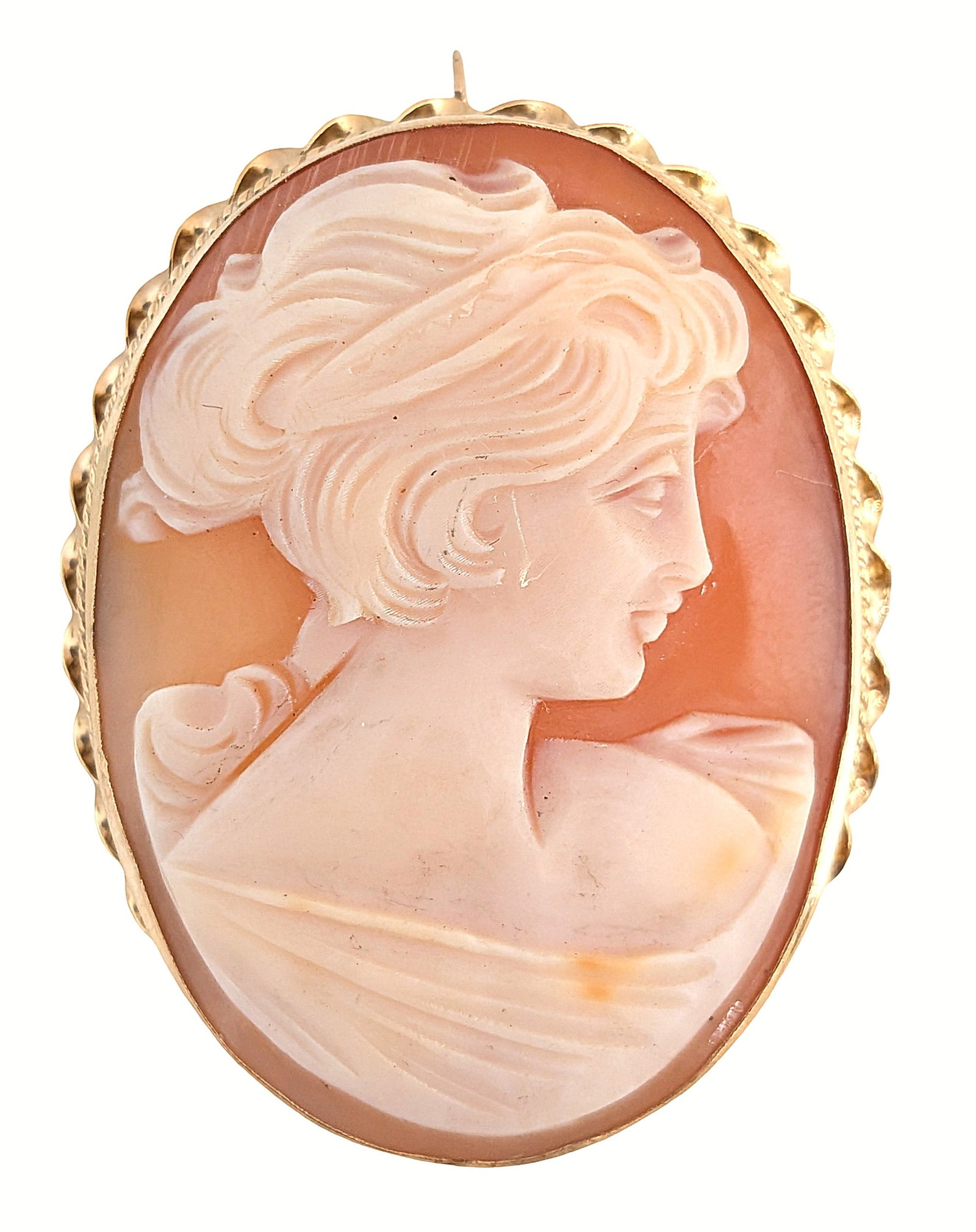 Antique 14K Gold Carved Shell Cameo Brooch/Pendant ? Classical Lady Portrait: Beautiful antique cameo brooch crafted in solid 14K gold, featuring a finely carved shell cameo of a classical woman in profile. The delicate carving showcases flowing hair and soft facial details in 