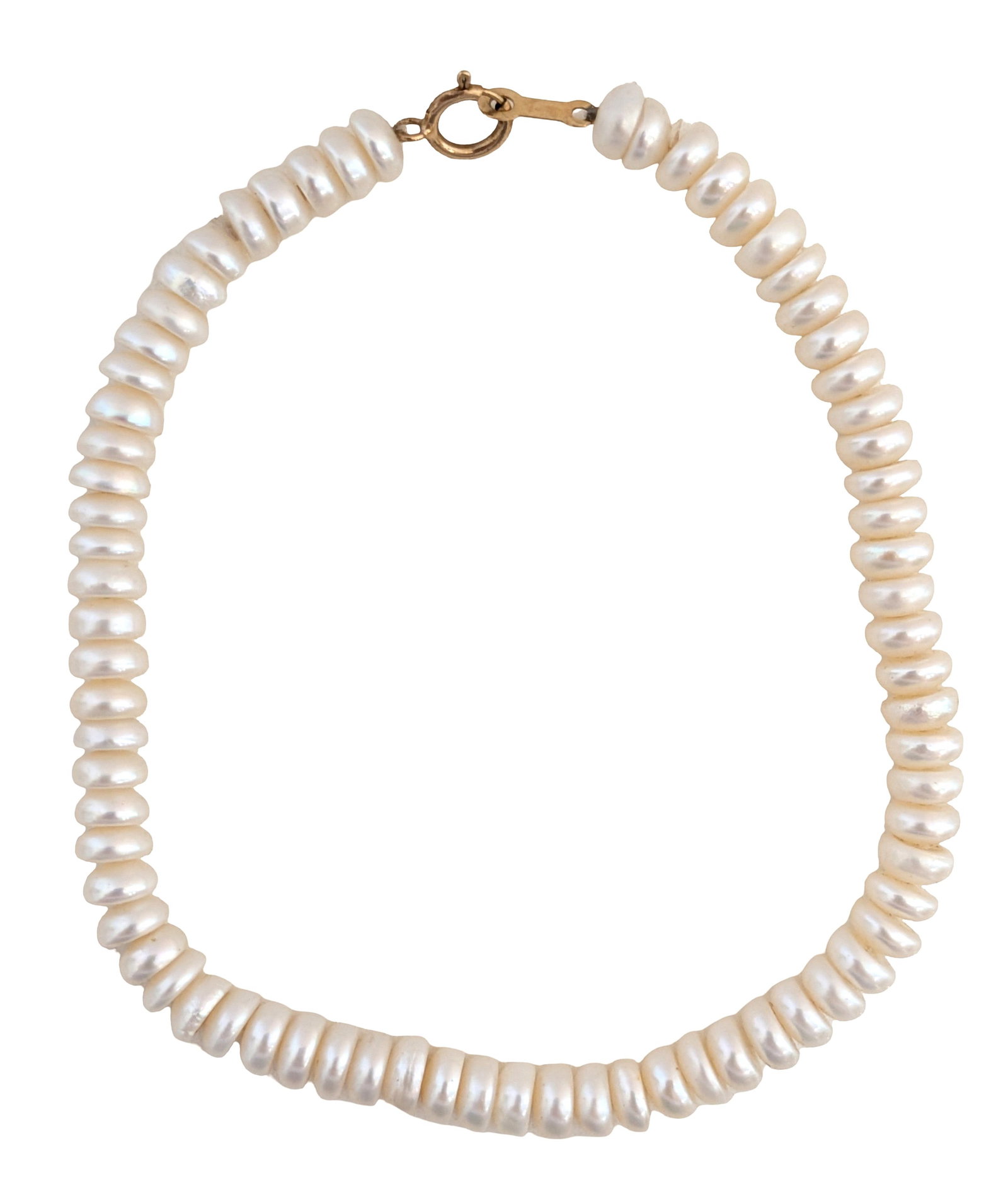 Vintage Freshwater Pearl Necklace with 10K Gold Clasp ? Classic Strand: Elegant vintage pearl necklace featuring a full strand of creamy white freshwater pearls. The pearls have a soft luster and slightly irregular, ringed shapes that give the piece a natural, organic loo