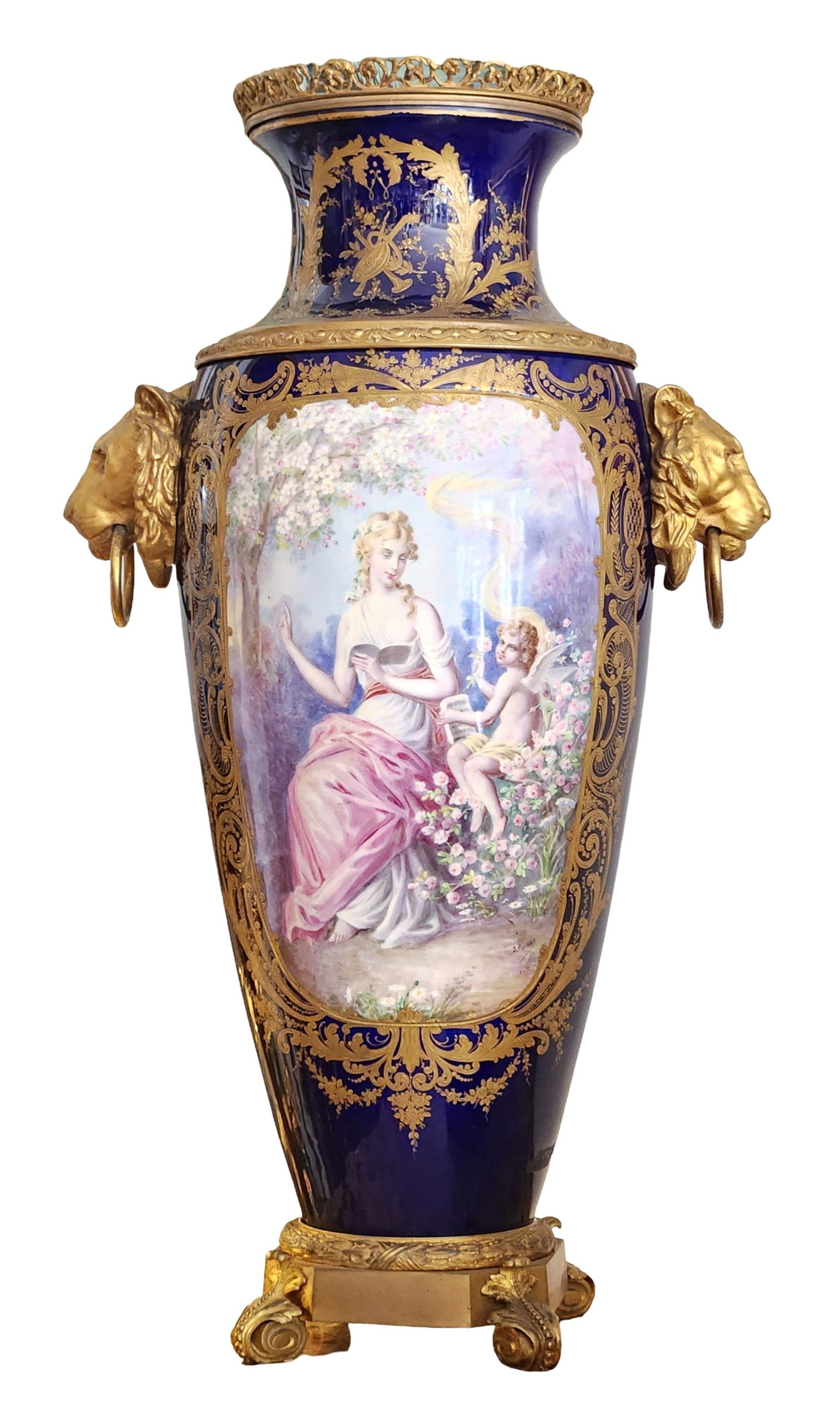 Antique 19th Century French Sevres Porcelain Vase with Lion Head Handles: Antique 19th Century French Sevres Porcelain Vase with Lion Head Handles Signed J Pascault Measure 40"in H x 23"in W x 13 5/8"in D