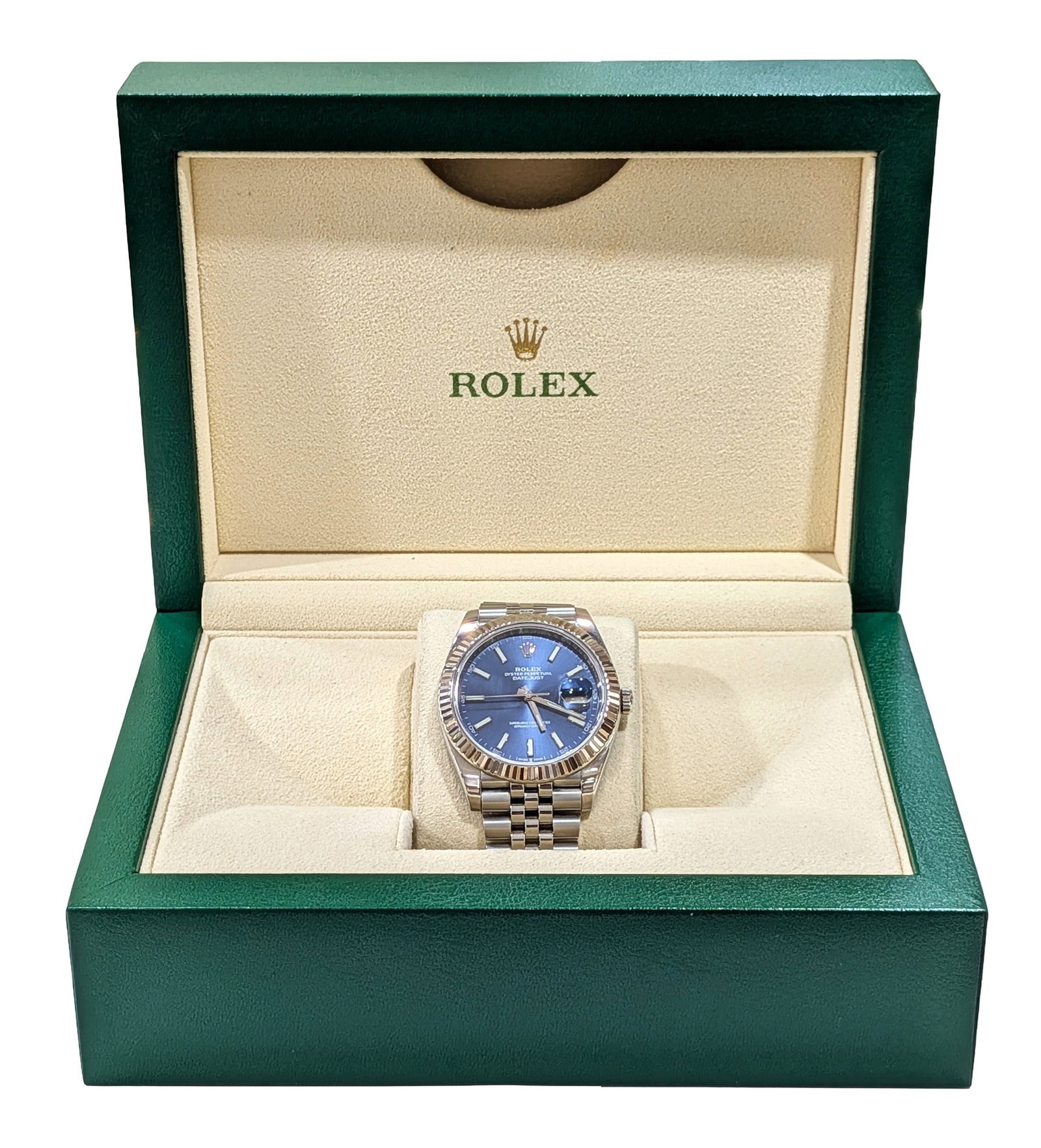 Rolex Oyster Perpetual Datejust 41 Blue Dial Fluted Bezel: Rolex Oyster Perpetual Datejust 41 Blue Dial Fluted Bezel Brand: Rolex Model: Datejust 41 Reference number: 126334 Movement: Automatic Case material: White gold Bracelet material: Steel Gender: Men's 