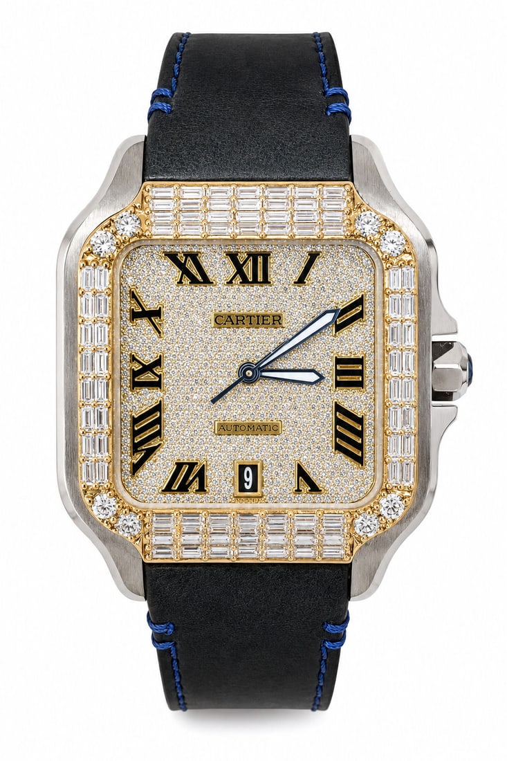 Cartier Santos de Cartier Automatic Diamond Pave Dial Stainless Steel Custom Aftermarket (1 of 9)