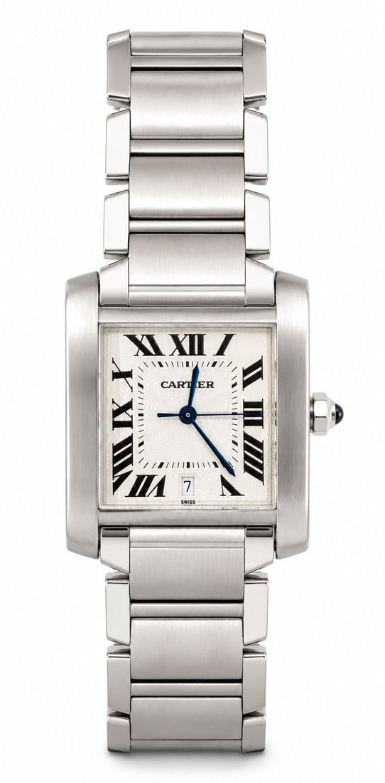 Cartier Tank Francaise Large Automatic Stainless Steel Wristwatch: Classic Cartier Tank Francaise Large automatic wristwatch in stainless steel featuring the iconic rectangular case and integrated bracelet design. The silver guilloch? dial displays bold black Roman n