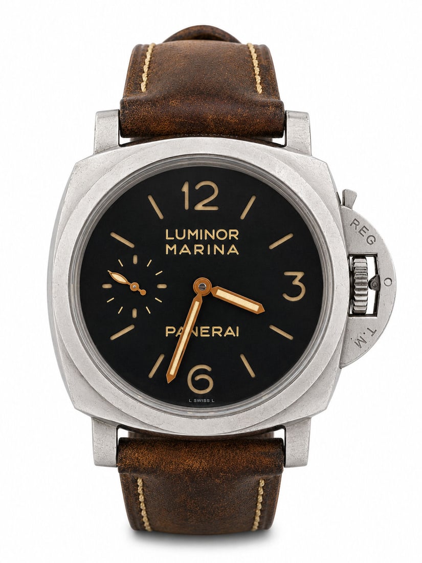 Panerai Luminor Marina Stainless Steel 44mm Wristwatch: Brand: Panerai Model: Luminor Marina Movement: Panerai Cal. P.3001 manual wind Jewels: 21 jewels Case Size: 47mm Case Material: Stainless steel Dial: Black sandwich dial with luminous markers Function