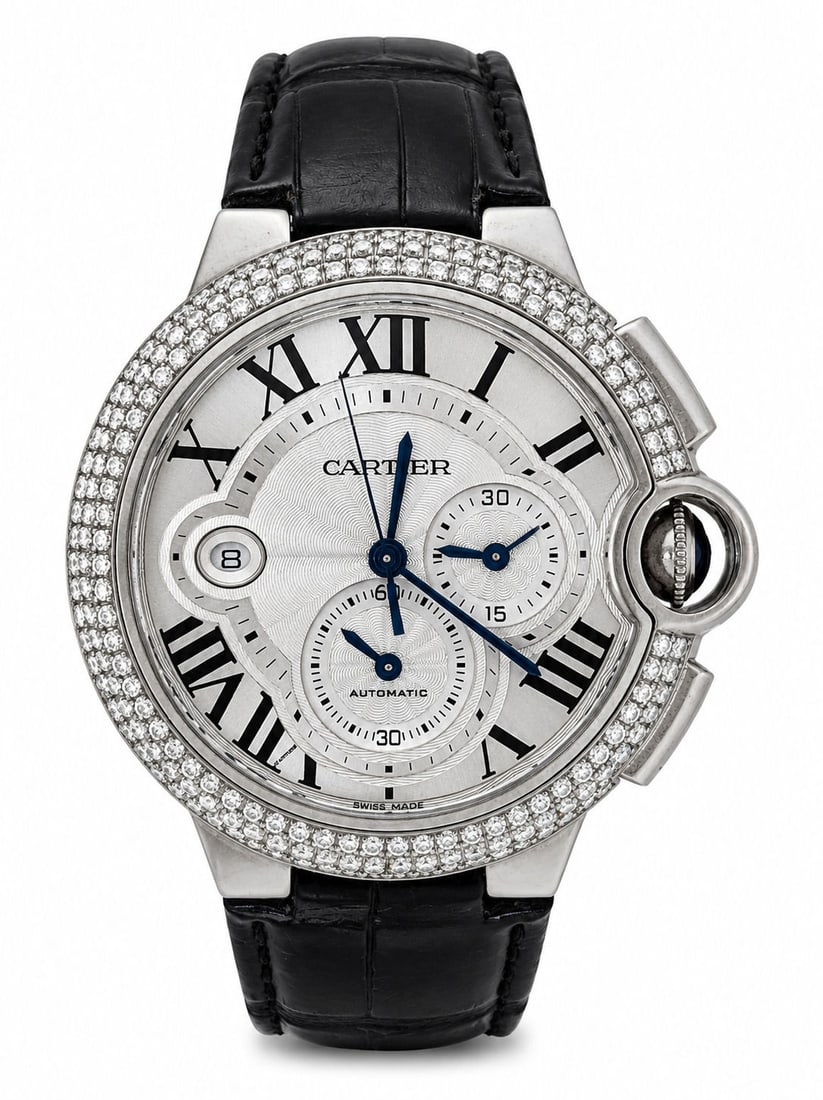 After Market Cartier 41mm Diamond Bezel Ballon Bleu Chronograph Watch 18K White Gold: Brand: Cartier Model: Ballon Bleu Case Material: 18K White Gold Band Material: Leather Dial: Silver 41 MM Case Sapphire Crystal Glass Automatic Movement