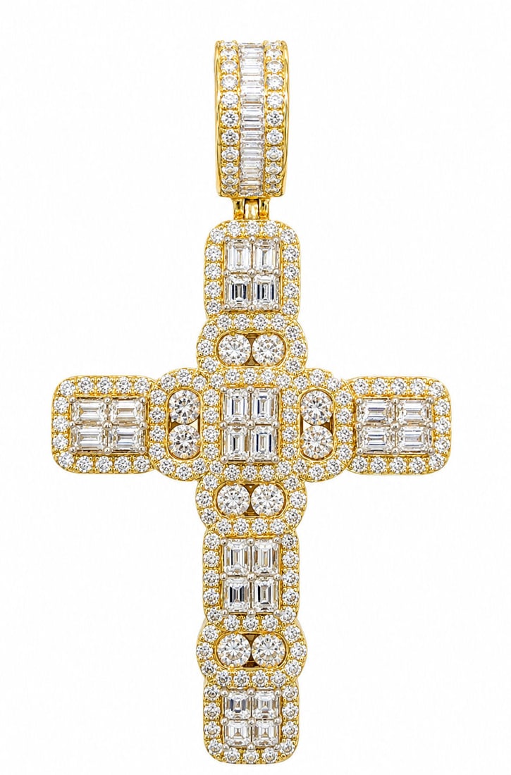 14K Yellow Gold Diamond Cross Pendant 5 CTW Baguette & Round Cut Diamonds: Stunning 14K yellow gold diamond cross pendant featuring an eye-catching fully iced design with approximately 5 carats total weight of round brilliant and baguette-cut diamonds. The pendant showcases 