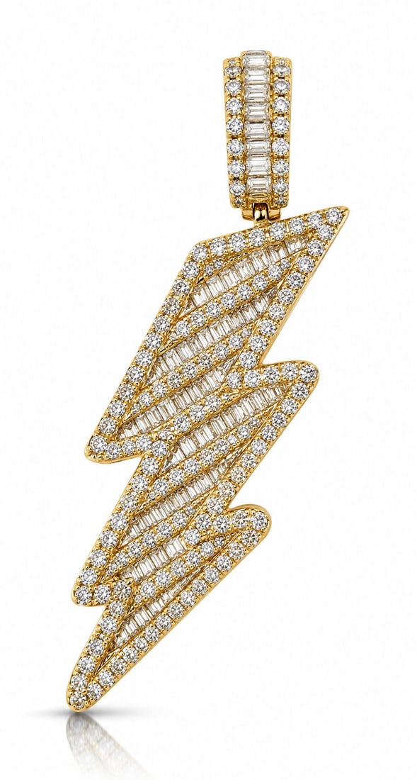10KT Yellow Gold Diamond Lightning Bolt Pendant, Approx. 2.00 CTW: Modern and eye-catching 10KT yellow gold lightning bolt pendant set with approximately 2.00 carats total weight of diamonds. The pendant features a striking geometric lightning bolt design accented wi