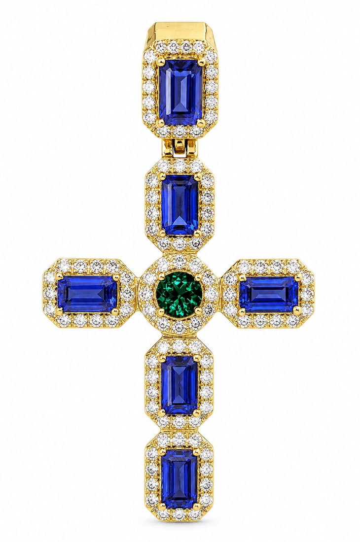 10K Yellow Gold Diamond & Sapphire Cross Pendant 0.85 CTW Diamonds 3.15 CT Sapphire (1 of 2)