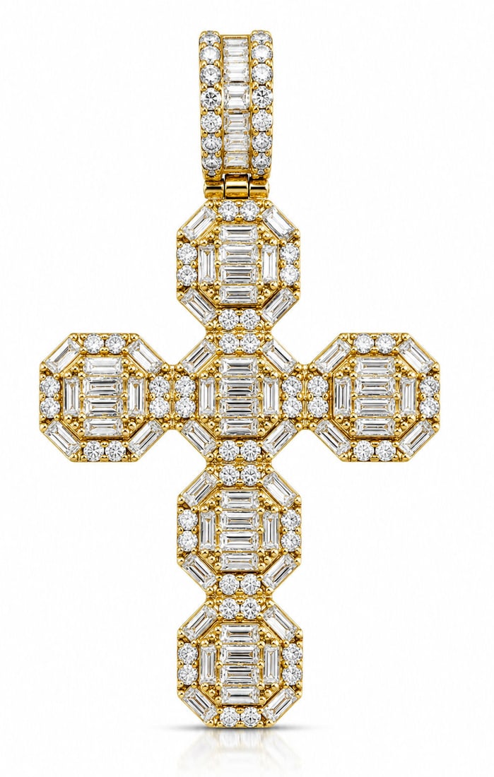14K Yellow Gold Diamond Cross Pendant 4.32 CTW Baguette & Round Diamonds: Luxury 14K yellow gold diamond cross pendant featuring approximately 4.32 carats total weight of baguette and round brilliant-cut diamonds in an elegant geometric cluster design. The pendant showcases