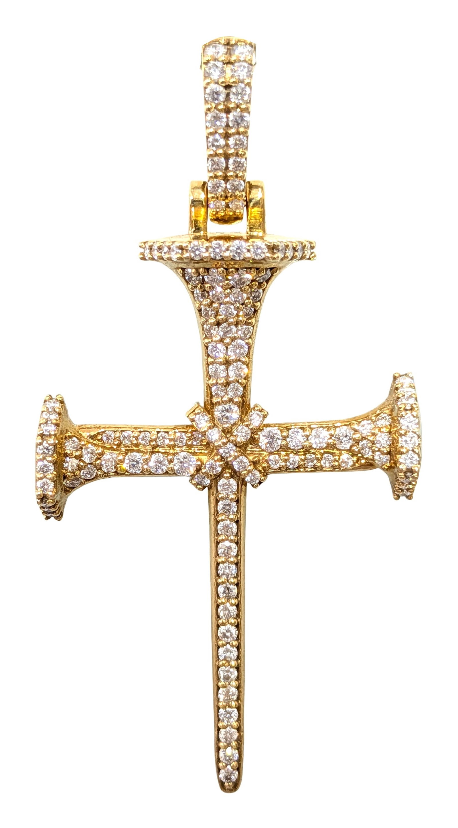 10K Yellow Gold Diamond Nail Cross Pendant 1.70 CTW Round Diamonds: Unique and eye-catching 10K yellow gold diamond cross pendant designed in a nail-inspired silhouette and fully accented with approximately 1.70 carats total weight of round brilliant-cut diamonds. The