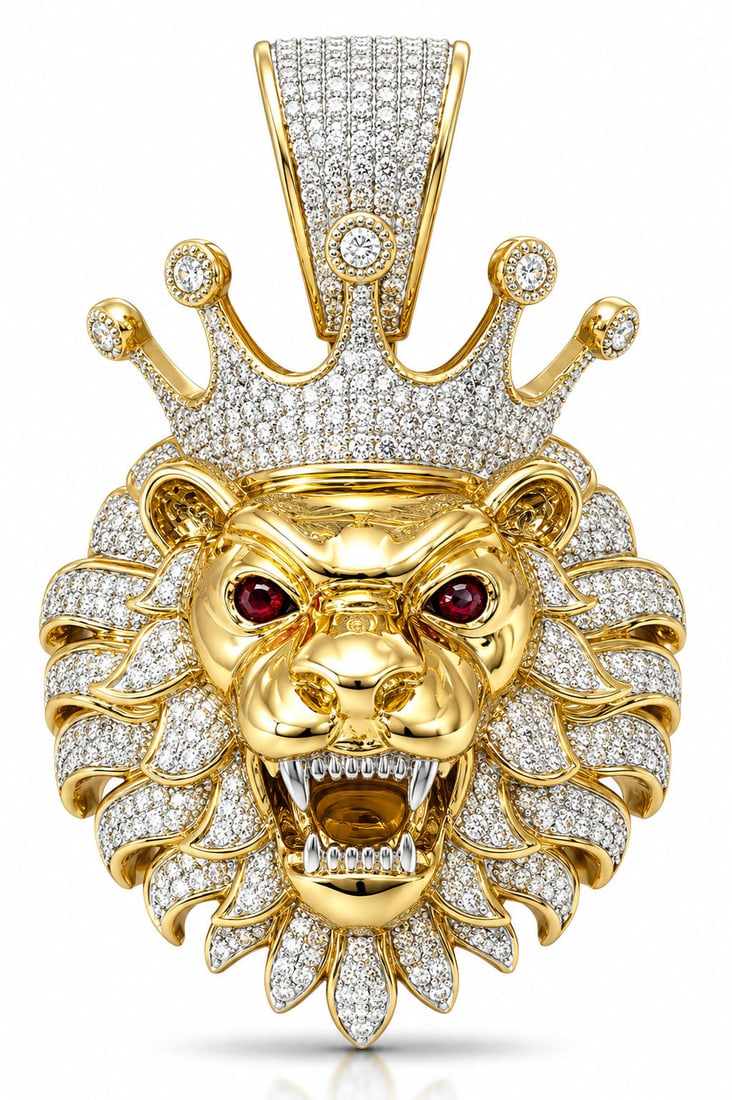 10K Yellow Gold Diamond Lion Head Crown Pendant Ruby Eyes (1 of 3)