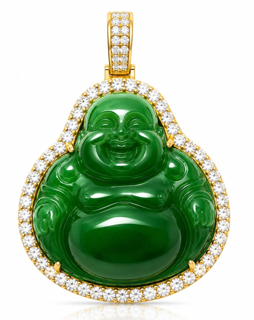14K Yellow Gold Green Jade Laughing Buddha Pendant with Diamond Halo: Beautiful and symbolic 14K yellow gold pendant featuring a finely carved green jade Laughing Buddha surrounded by a sparkling diamond halo. The Buddha carving displays detailed facial features, flowin