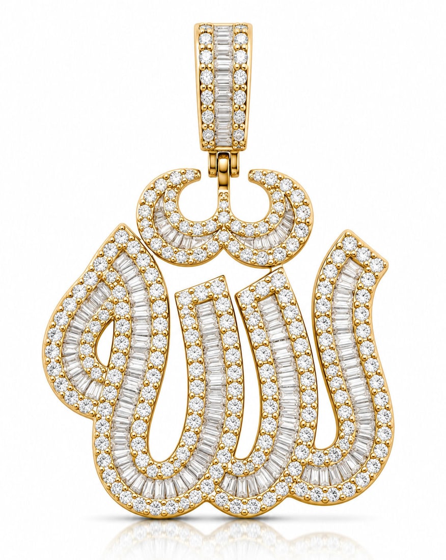 14K Yellow Gold Diamond Allah Pendant Arabic Calligraphy 4.00 CTW: Striking 14K yellow gold Allah pendant crafted in elegant Arabic calligraphy and fully adorned with approximately 4.00 carats total weight of baguette and round brilliant-cut diamonds. The flowing scr