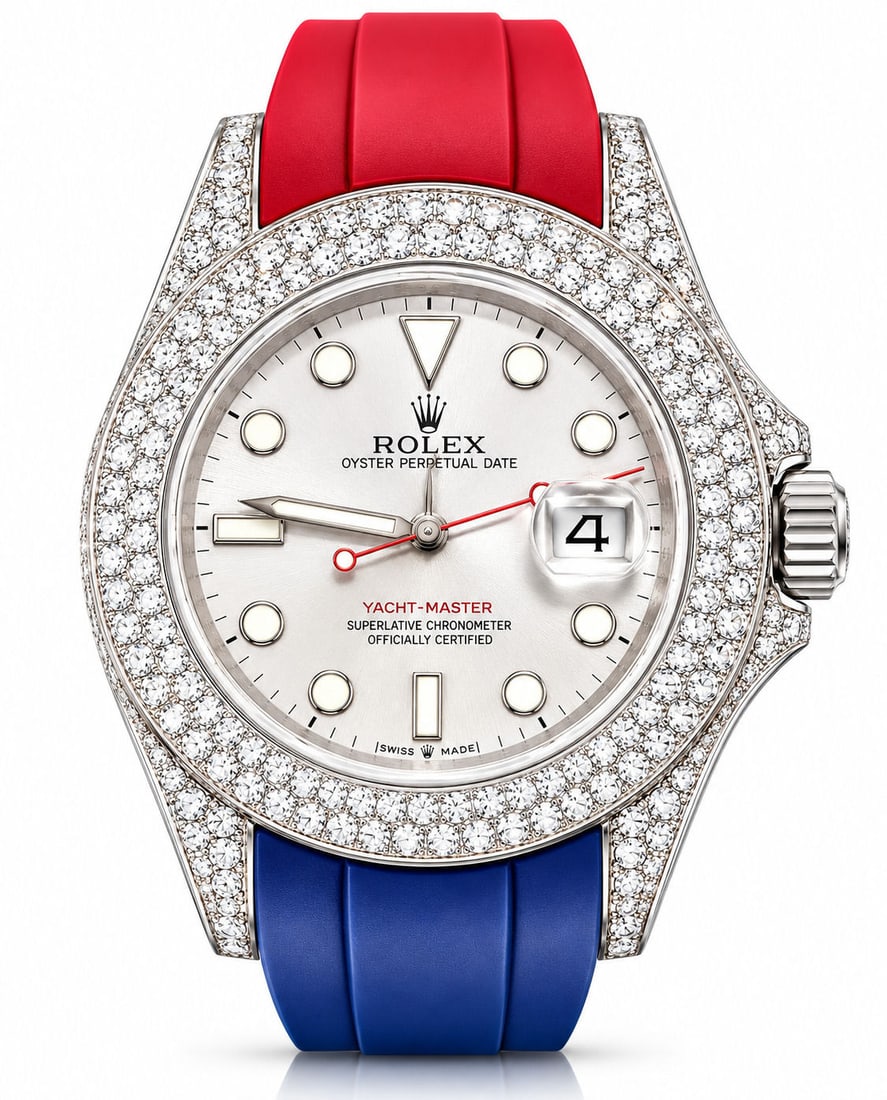 Rolex Yacht-Master After Market Custom Diamond 40MM Stainless Steel Watch with Red & Blue Rubber (1 of 6)
